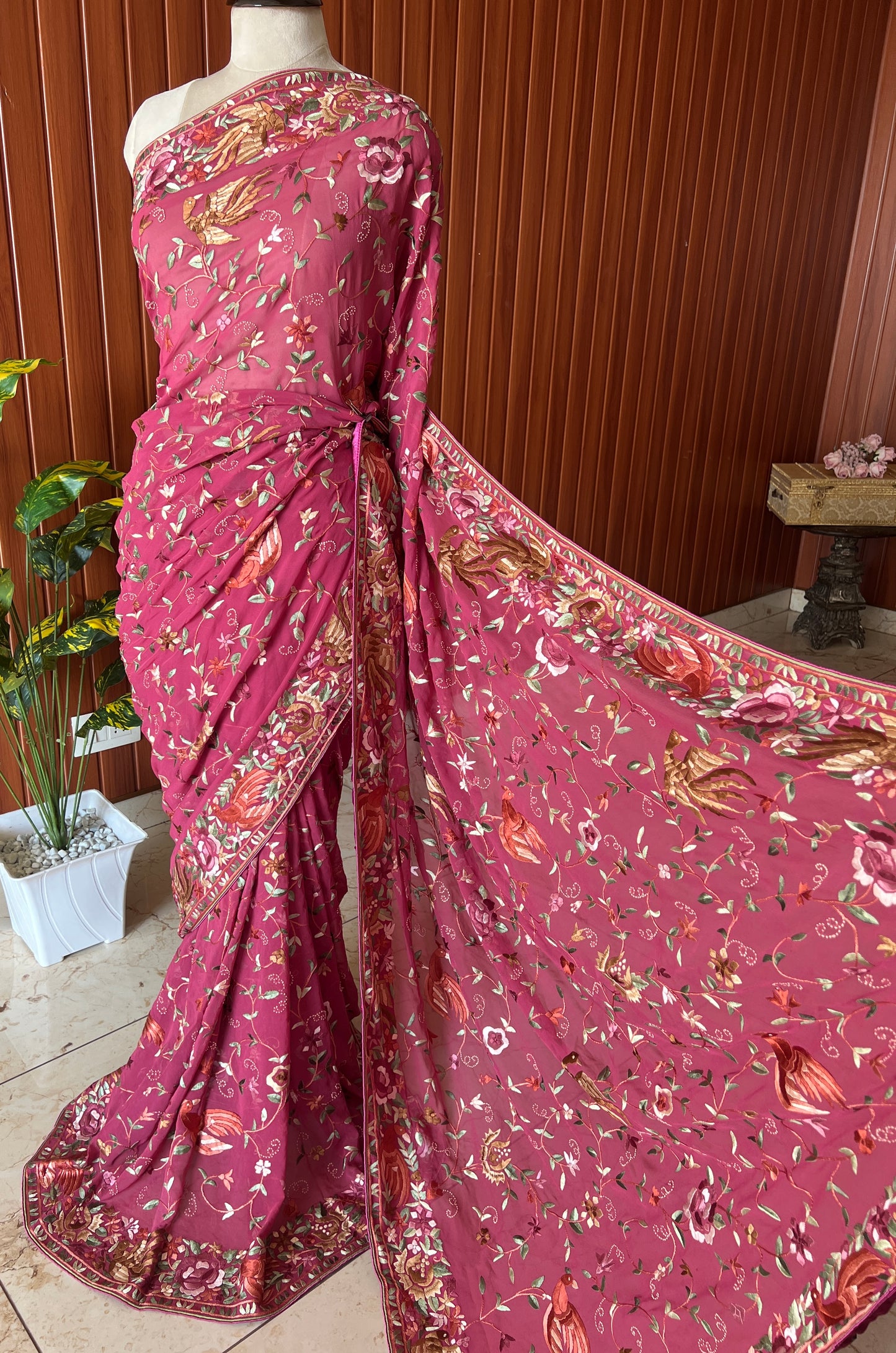 Deep Raspberry Pink Masterpiece Parsi Gara Saree