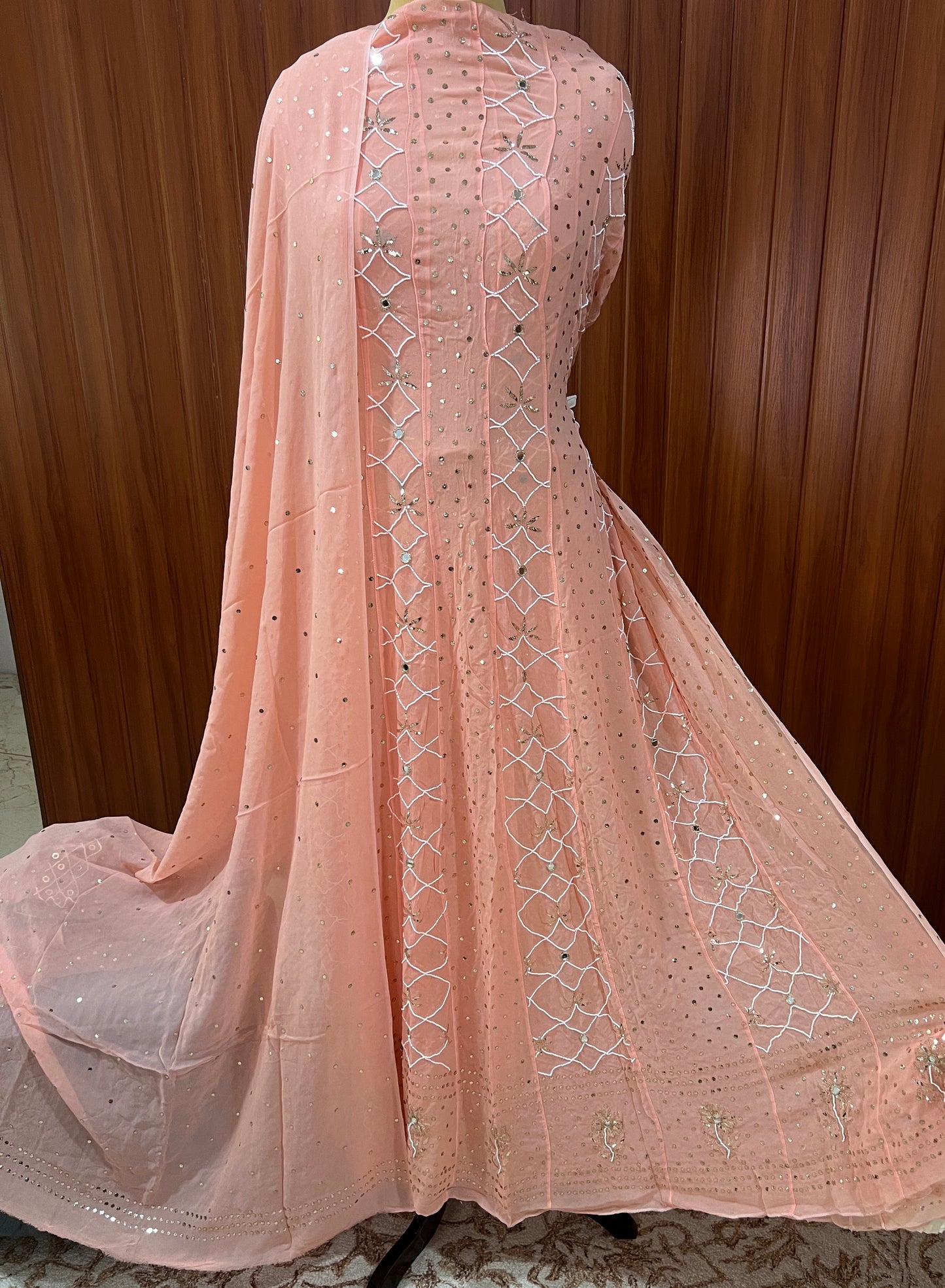 Peach Allover Mukaish and Pearl work Anarkali with Dupatta