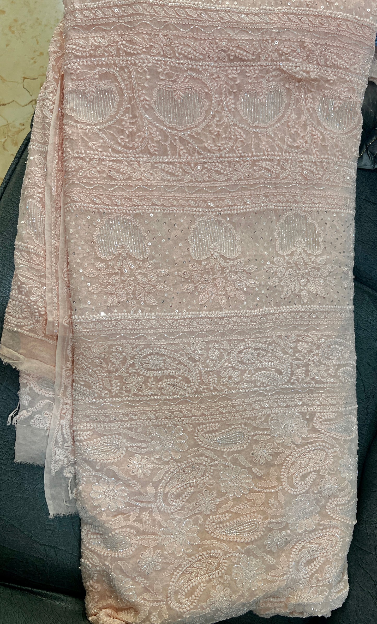 Ruhani Soft Peach Chikankari and Cut Dana Saree