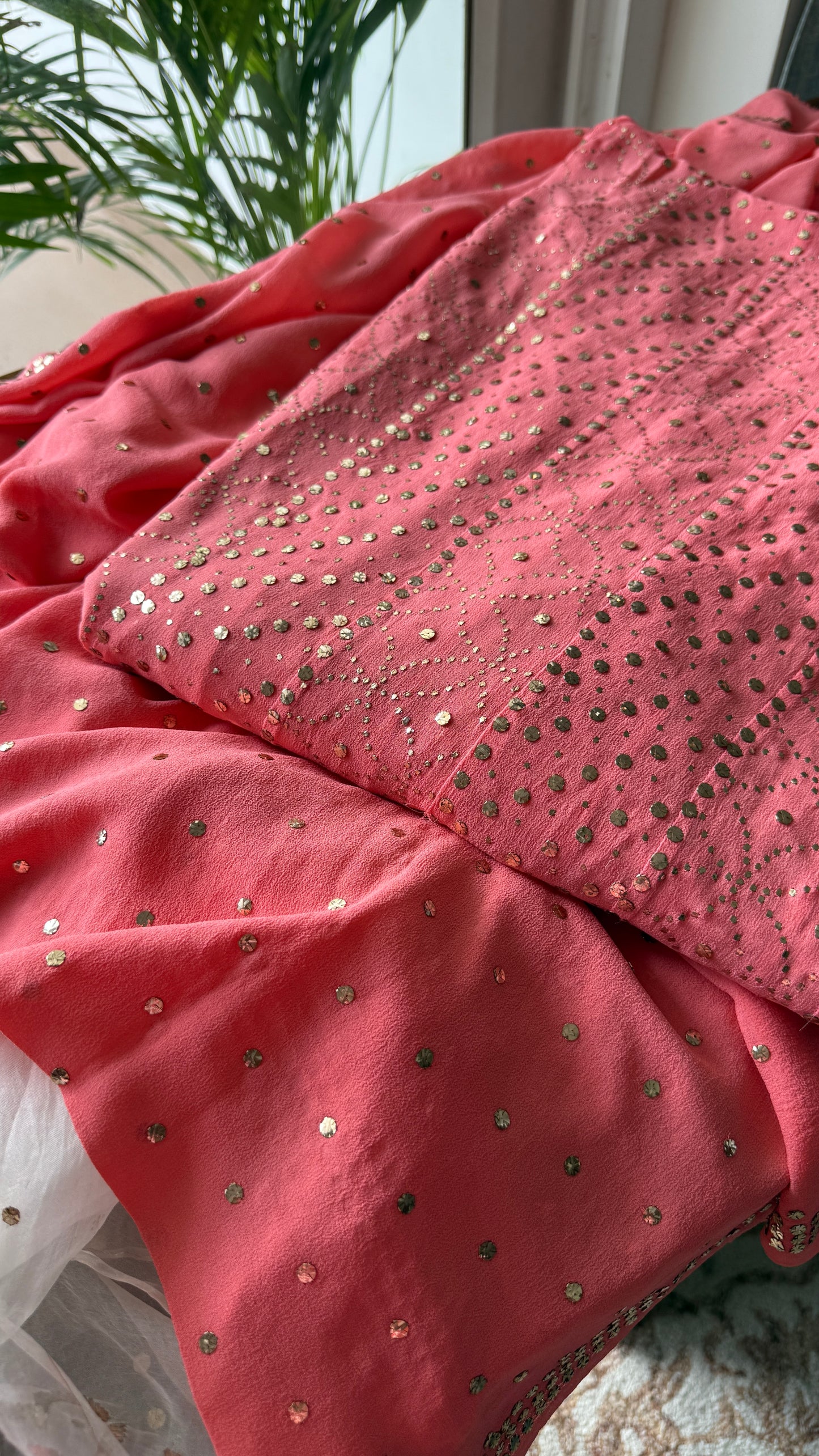 Ruhani Coral Pink Allover Designer Mukaish Pure Georgette Anarkali with Dupatta