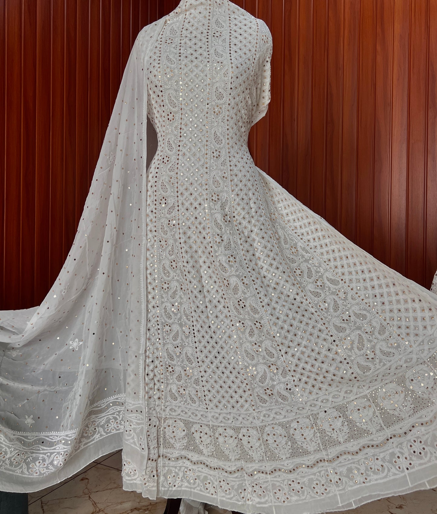 White allover Chikankari and mukaish anarkali with dupatta