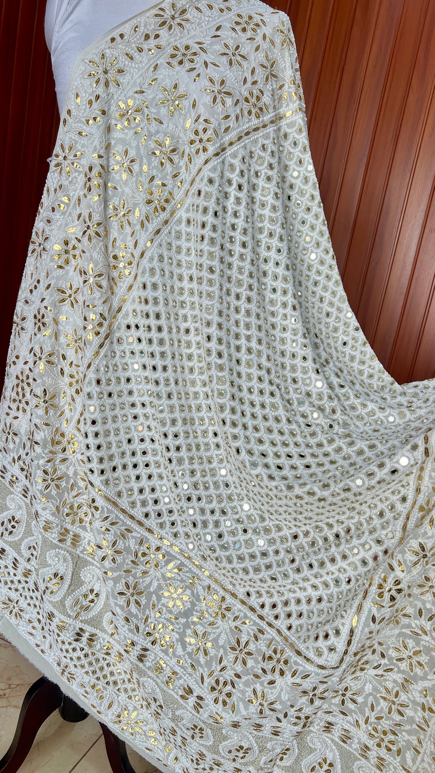 Ruhani Ivory Chikankari Mirror and olden Gota Patti Pure Georgette Wedding Dupatta