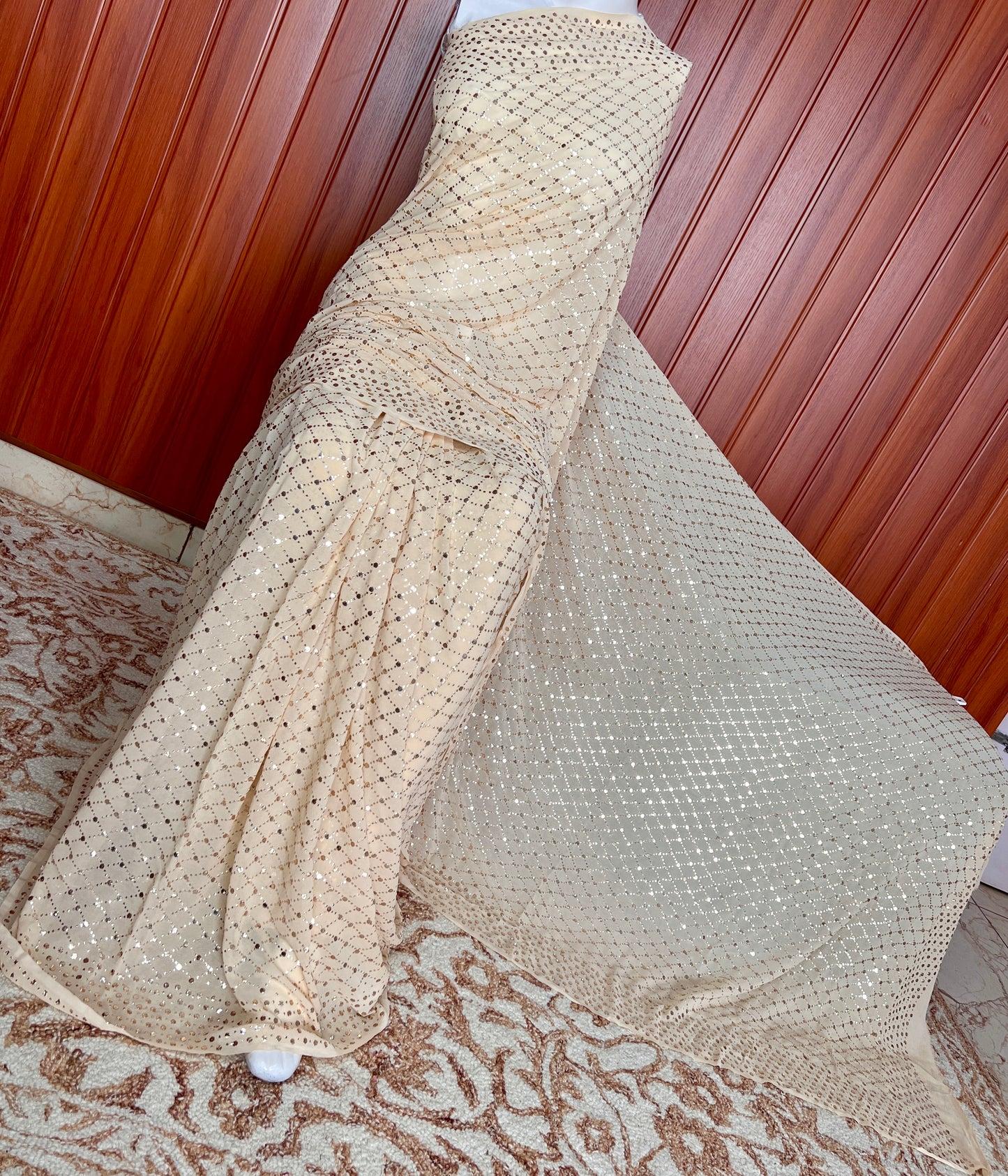 Ruhani Champagne designer mukaish work saree