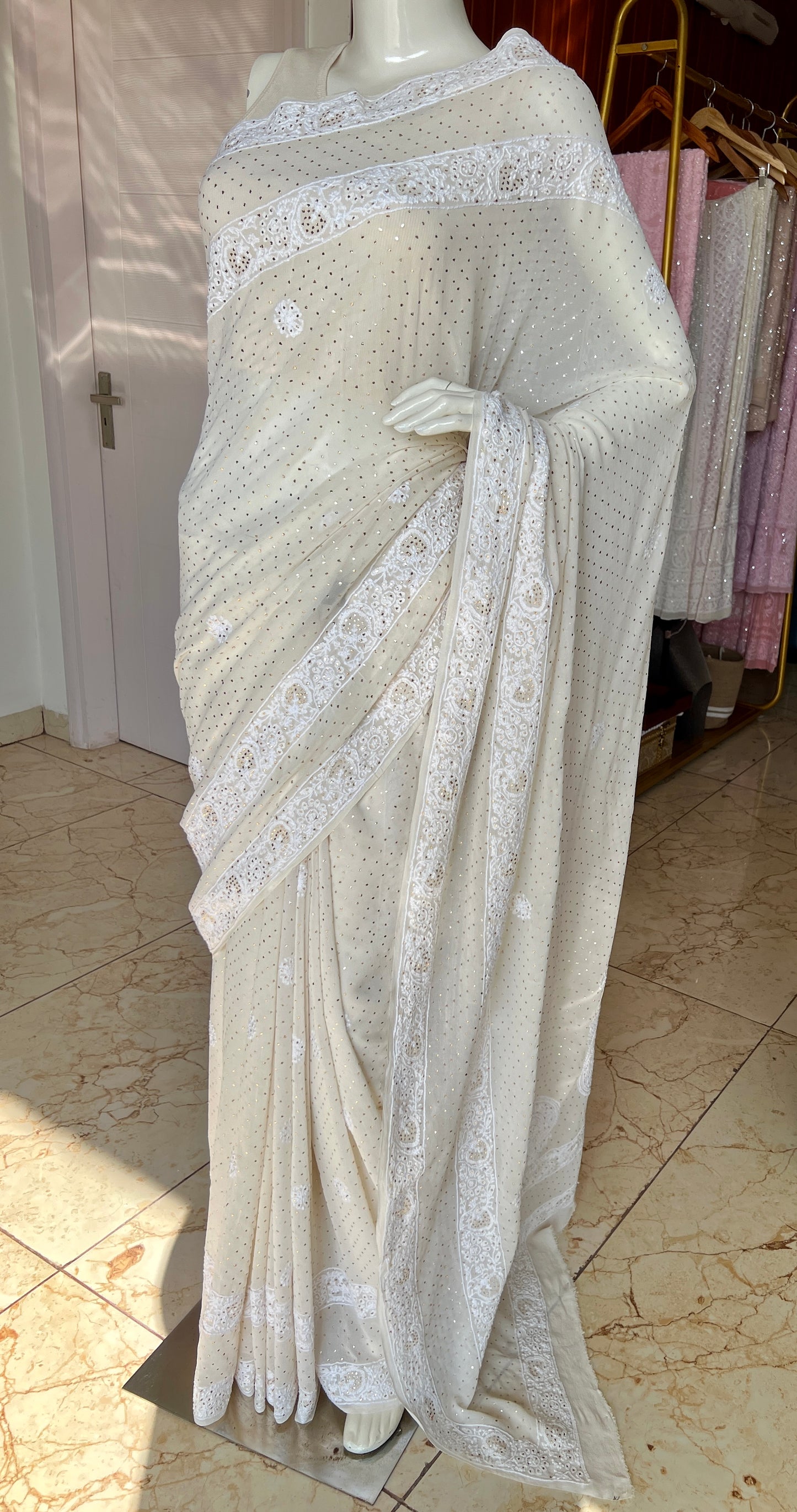 Ivory Ruhani Allover Fine Chikankari and Bareek Mukaish Saree