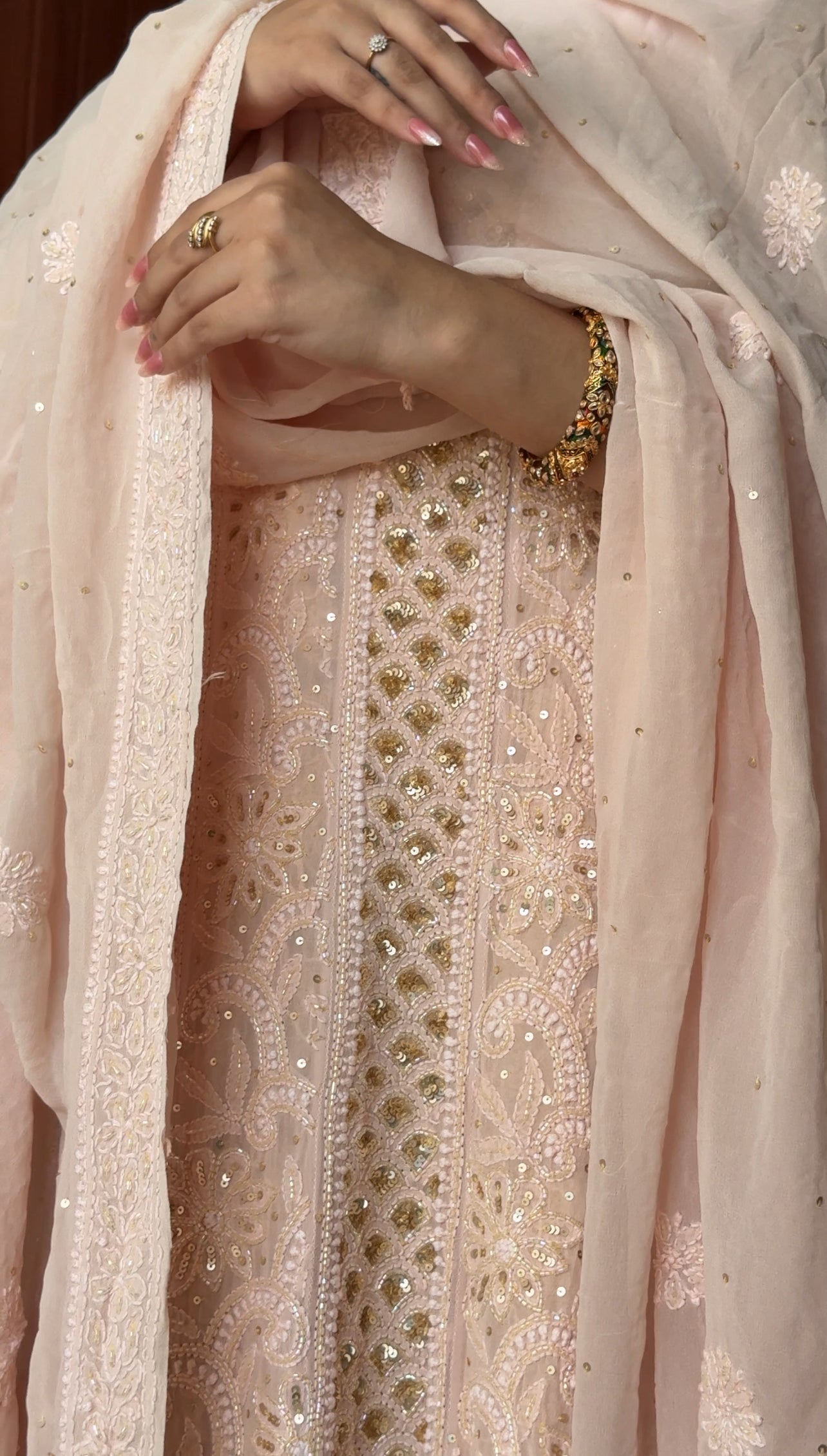 Ruhani Dusty Peach Chikankari Sequins and Cut Dana Anarkali