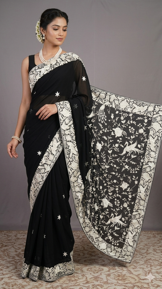 Black Parsi Gara Pure Georgette Saree
