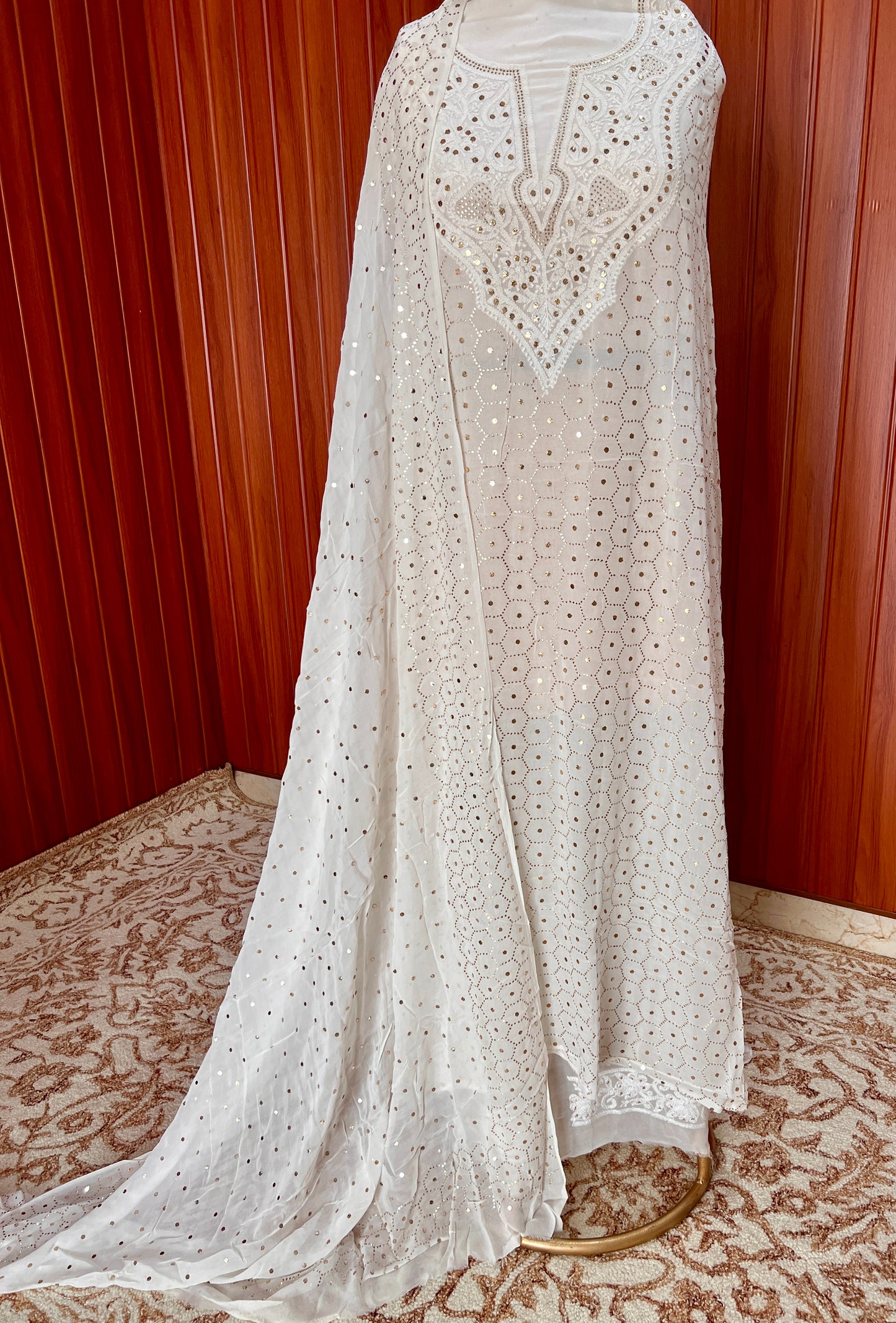 White chikankari and heavy mukaish Work Kurta with Jaal Mukaish Dupatta