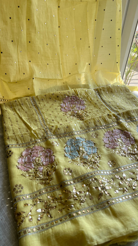 Yellow mukaish and Cut Dana Kurta and Dupatta