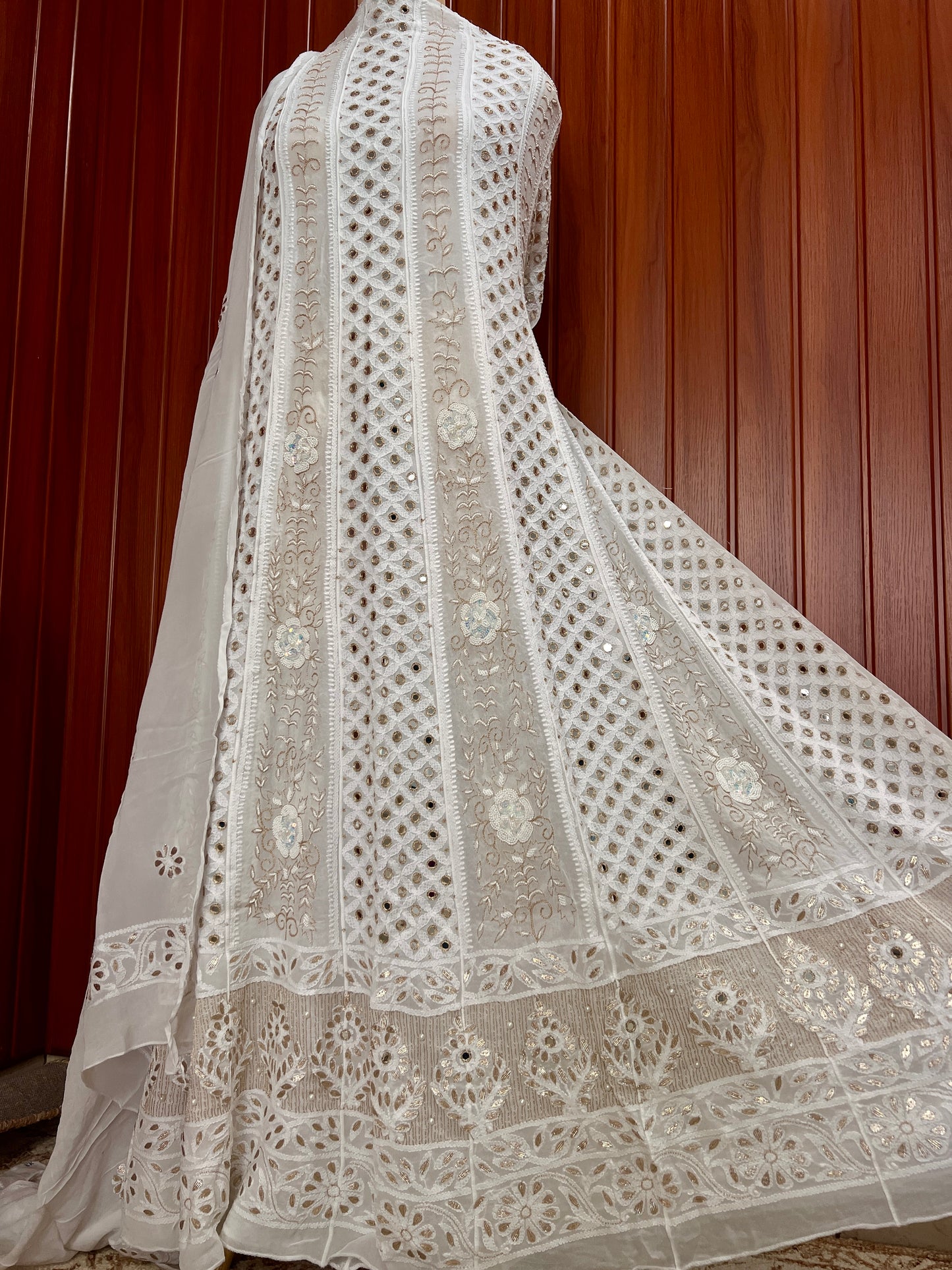 White Chikankari Mirror Pearl Sequins Anarkali with Dupatta
