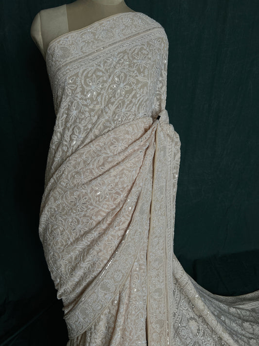 Ruhani Light Beige Chikankari Cut Dana and Sequins Saree