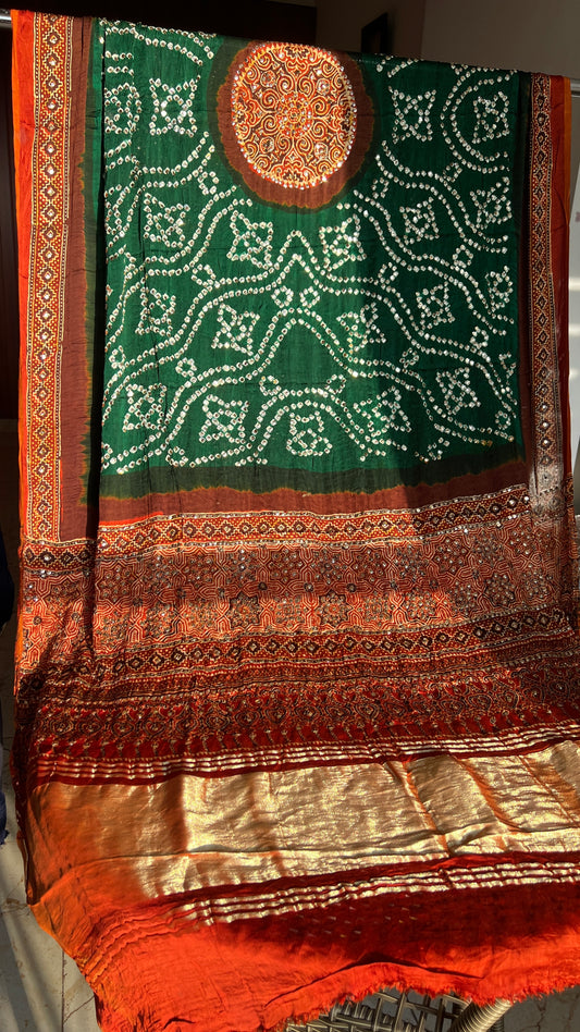 Rust and Green modal silk ajrakh and bandhej dupatta with heavy mukaish
