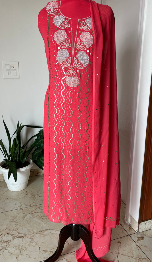 Raspberry red mukaish and cut Dana work Kurta and Dupatta