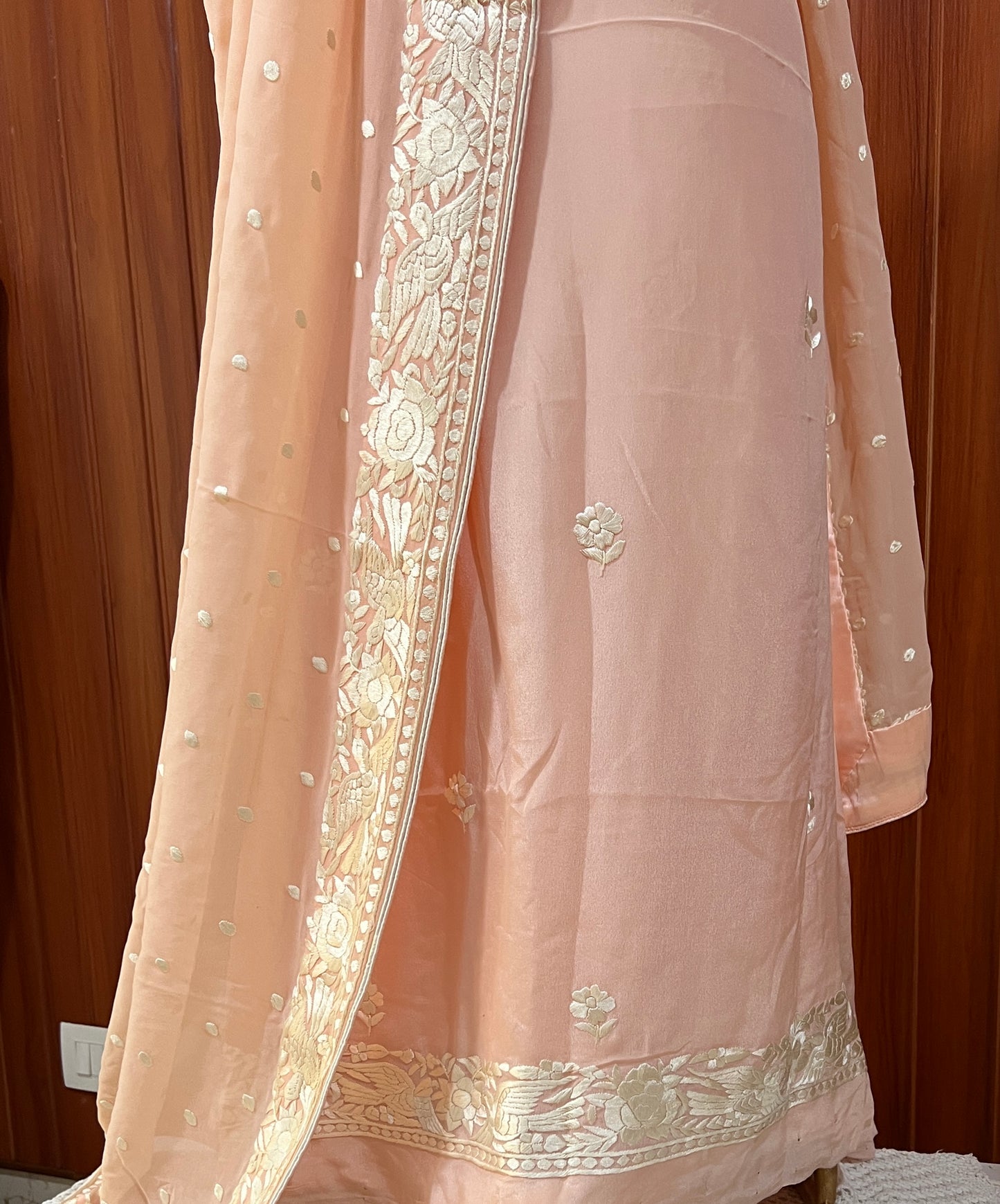 Blush peach Parsi Gara Hand Embroidered Full suit