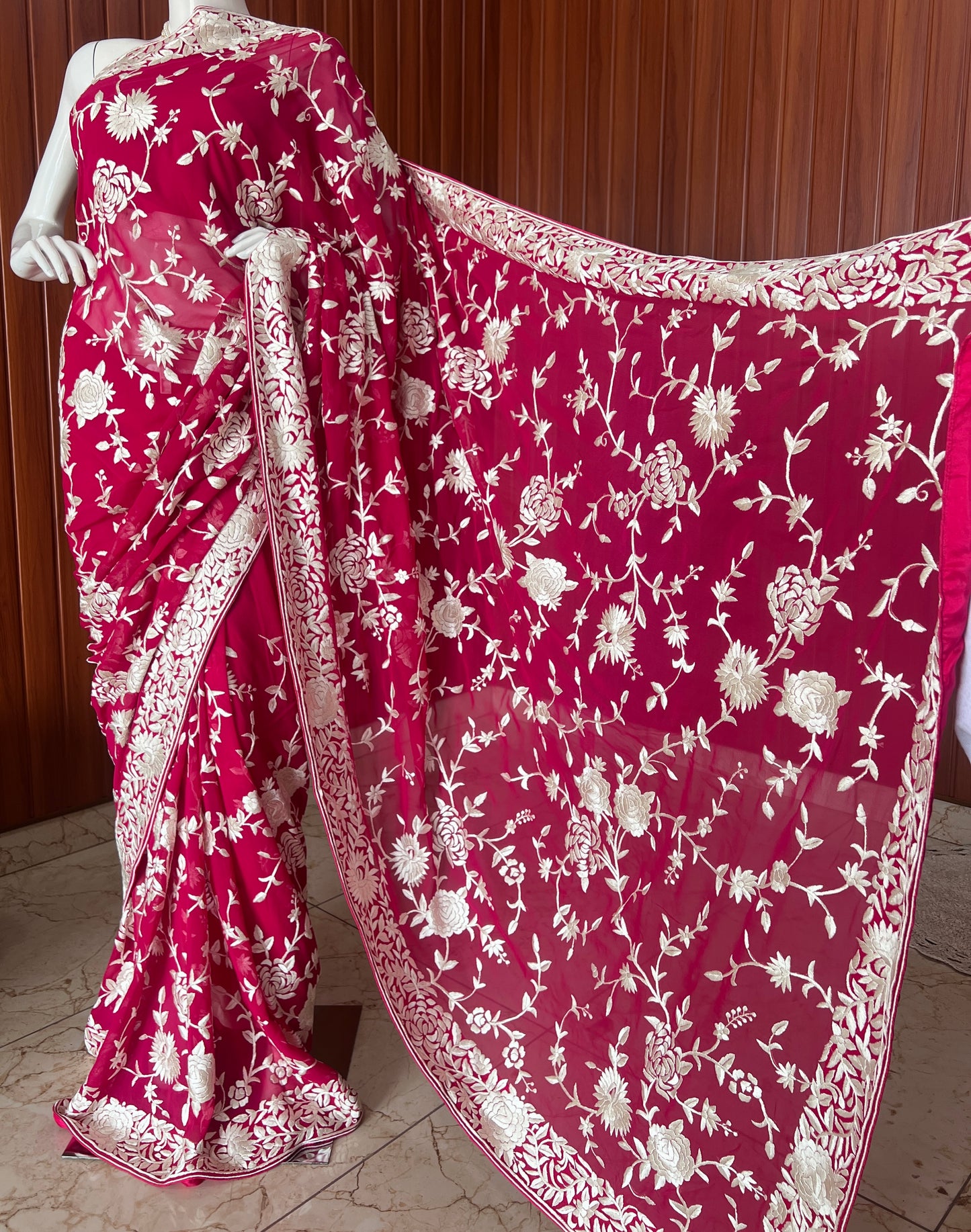 Crimson Parsi Gara Hand Embroidered Saree