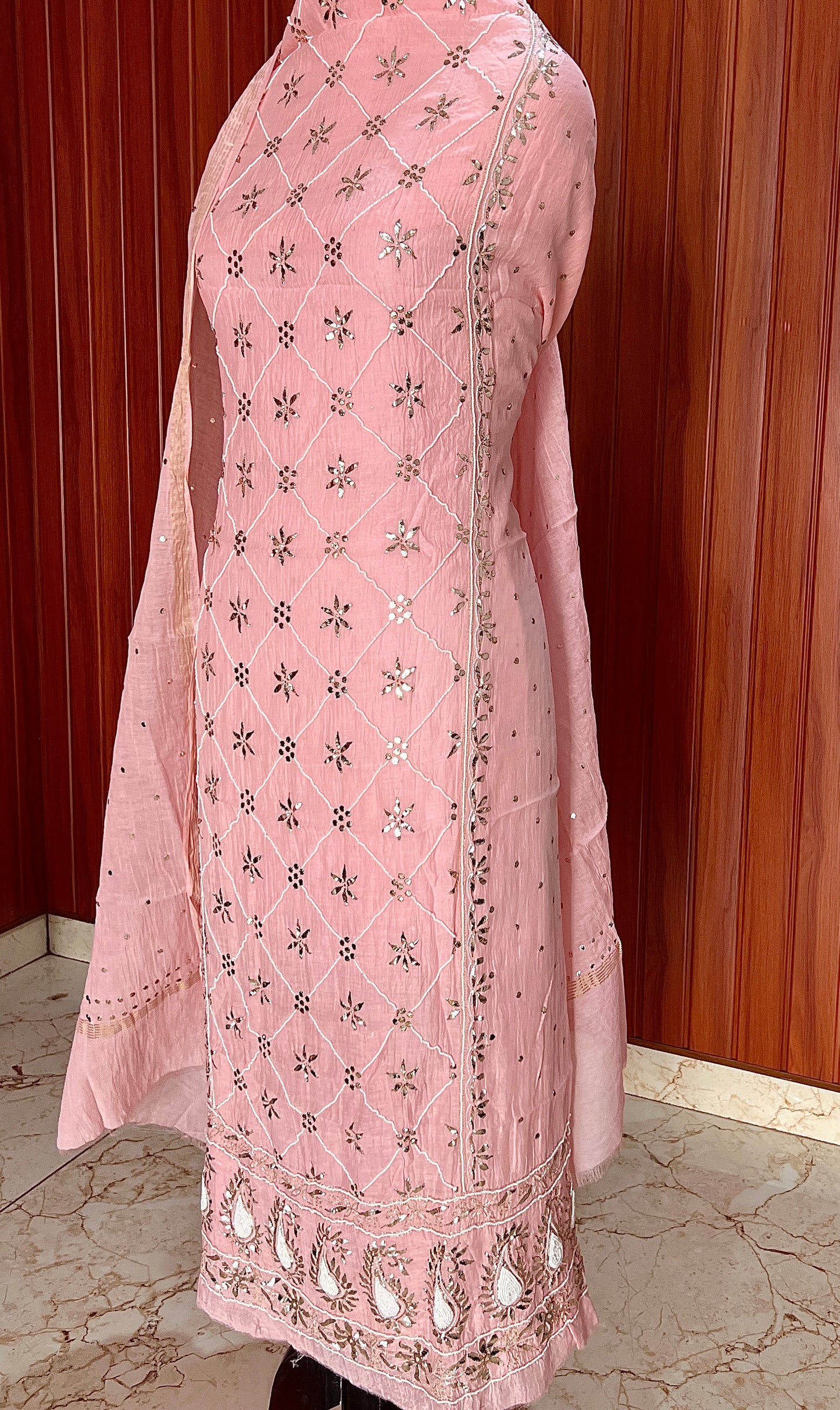 Rose Pink Badla Mukaish and pearl work mulmul kurta with dupatta