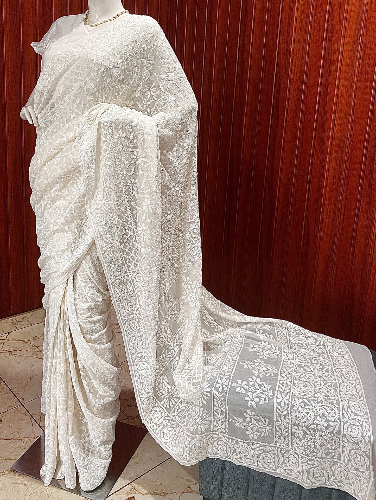 Ruhani Off White Allover fine Chikankari Hand Embroidered Saree