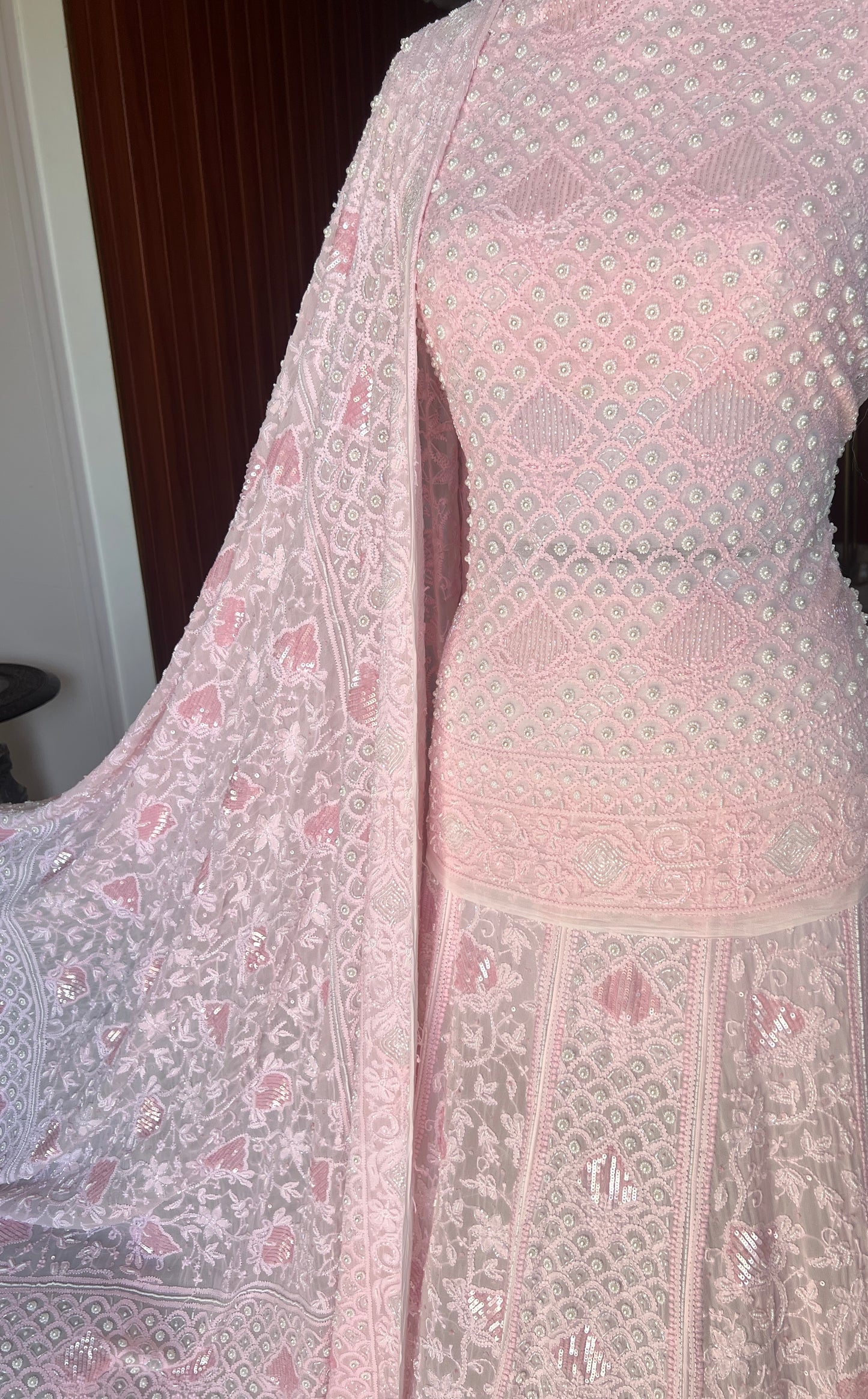Ruhani Peachish Pink Chikankari Cut Dana Sequins Wedding Lehenga