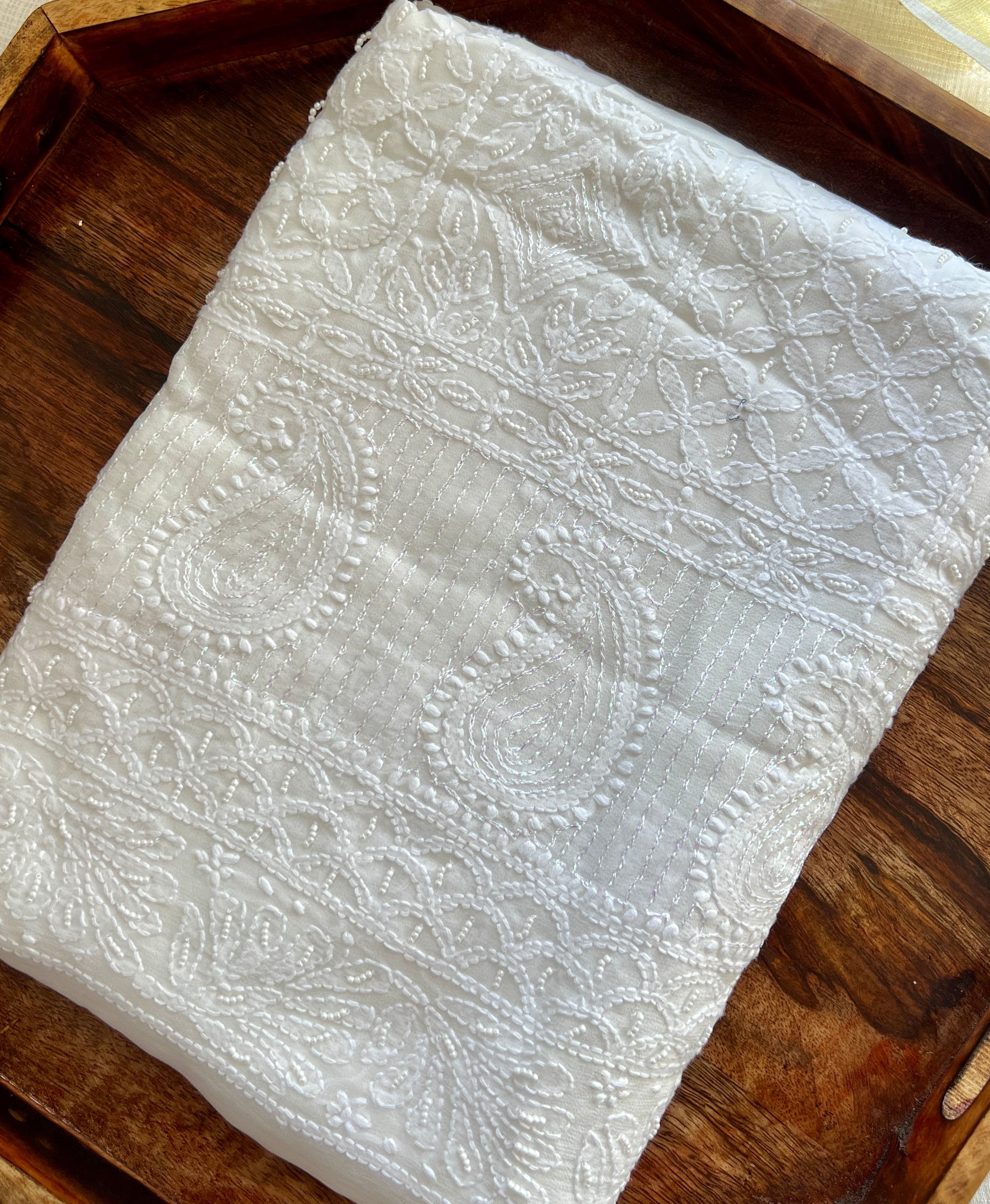 White Chikankari pearl and aari work Kur...