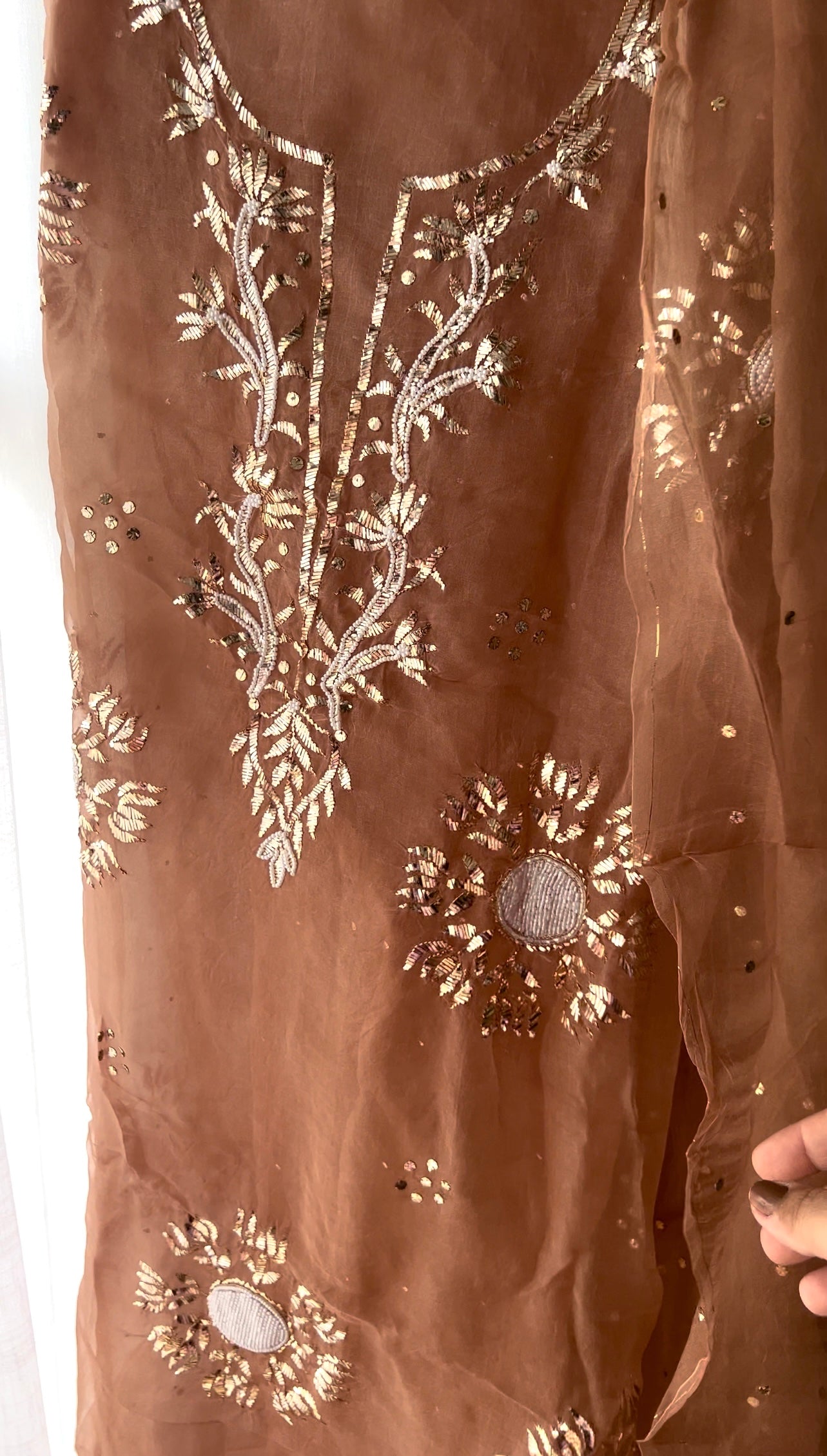 Cinnamon brown Badla Mukaish and pearl work pure Organza kurta with dupatta