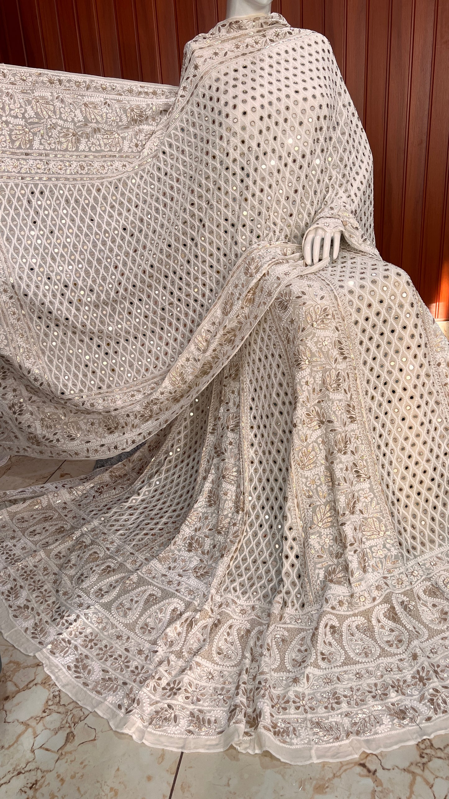 Ivory Ruhani Chikankari Mirror Gota Patti Wedding Lehenga