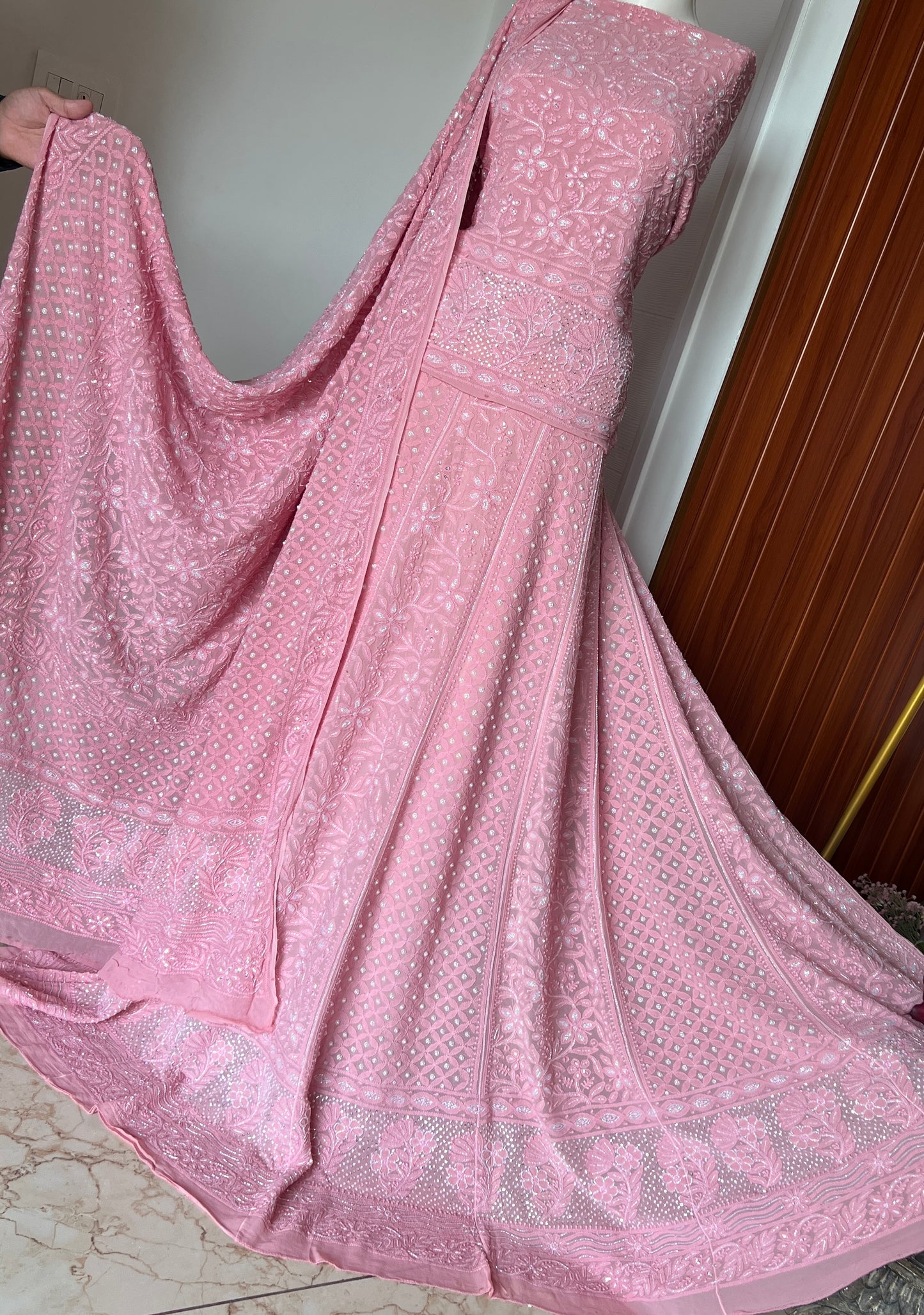 Onion pink Chikankari Cut Dana Pearl Sequins Lehenga