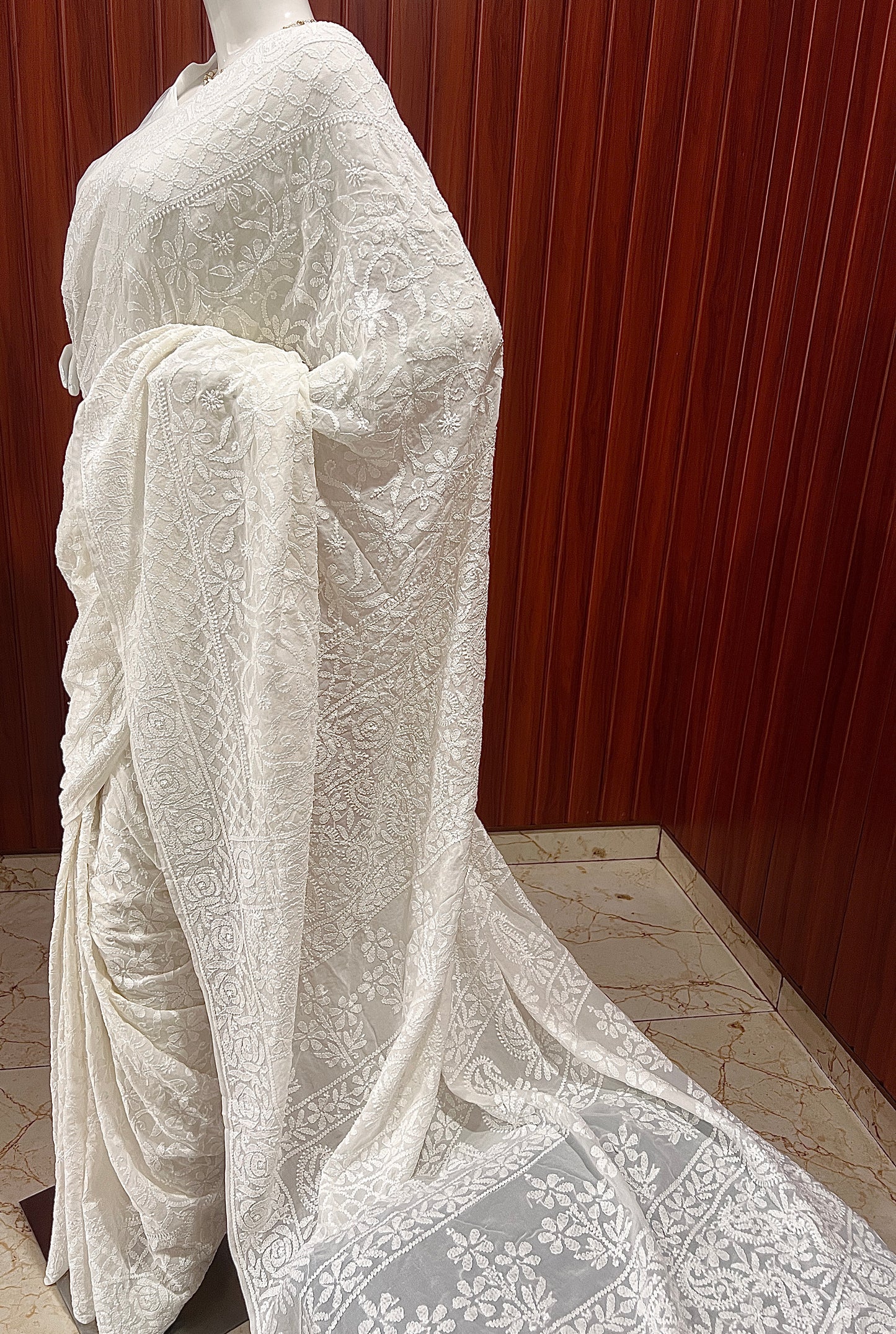 Ruhani Off White Allover fine Chikankari Hand Embroidered Saree