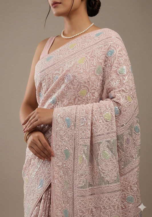 Ruhani Light Pink Chikankari Multi Cut Dana and Sequins Saree