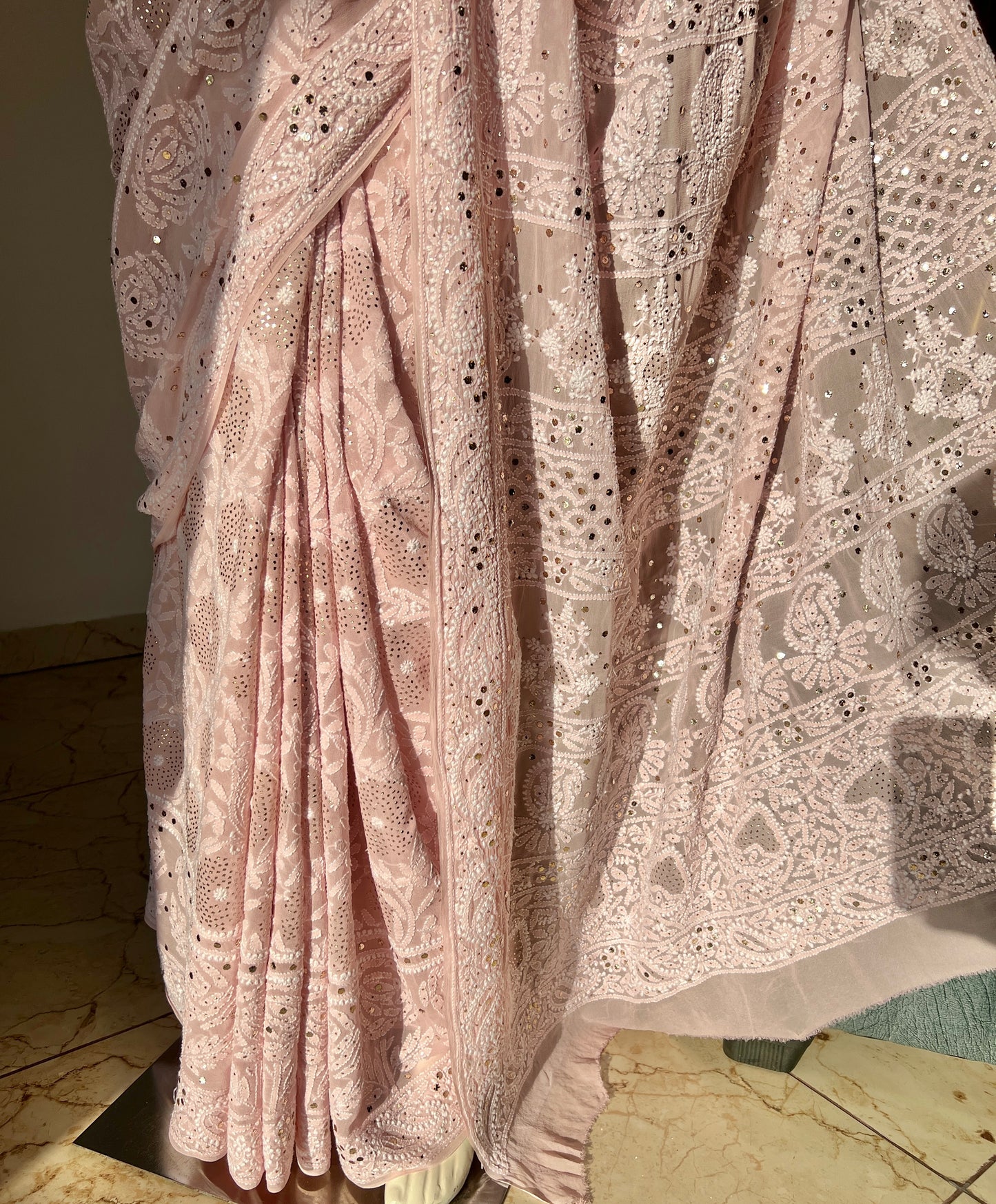 Ruhani Dusty Pink Allover Designer Chikankari and Mukaish Saree