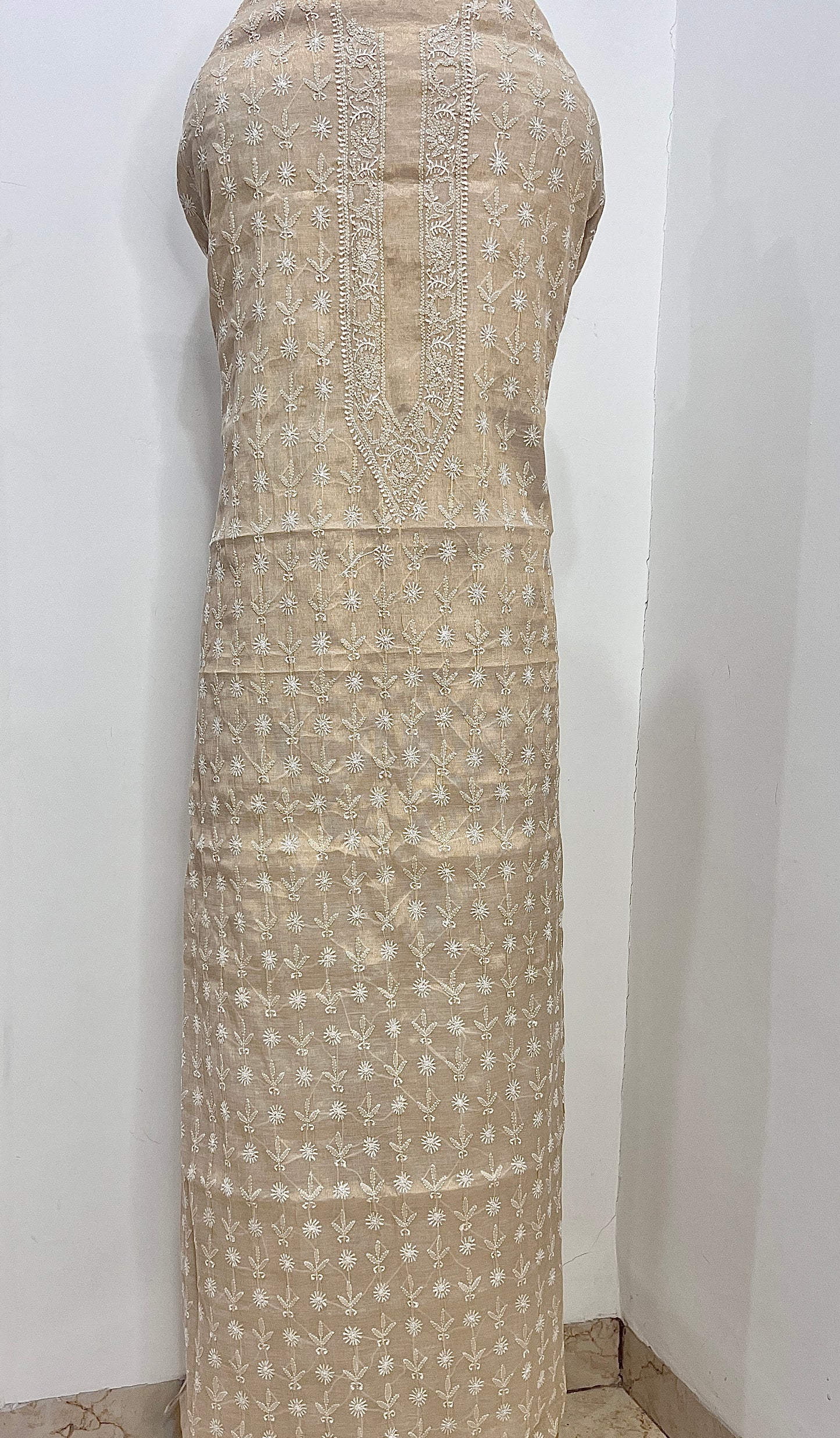 Tissue Chanderi Silk fine Chikankari Kurta Fabric