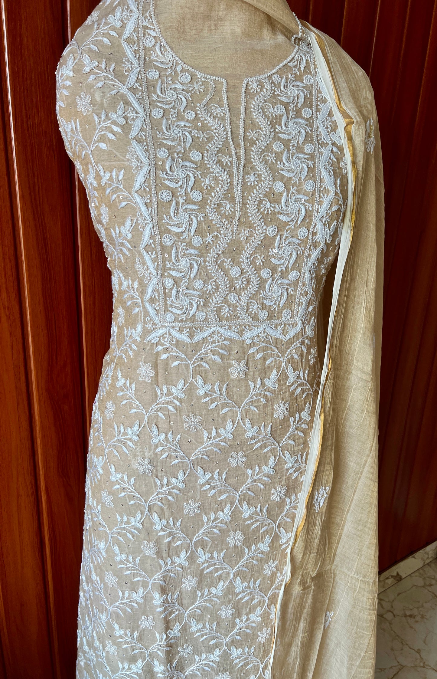 Pure Tissue Chikankari and pearl embroidered kurta and dupatta