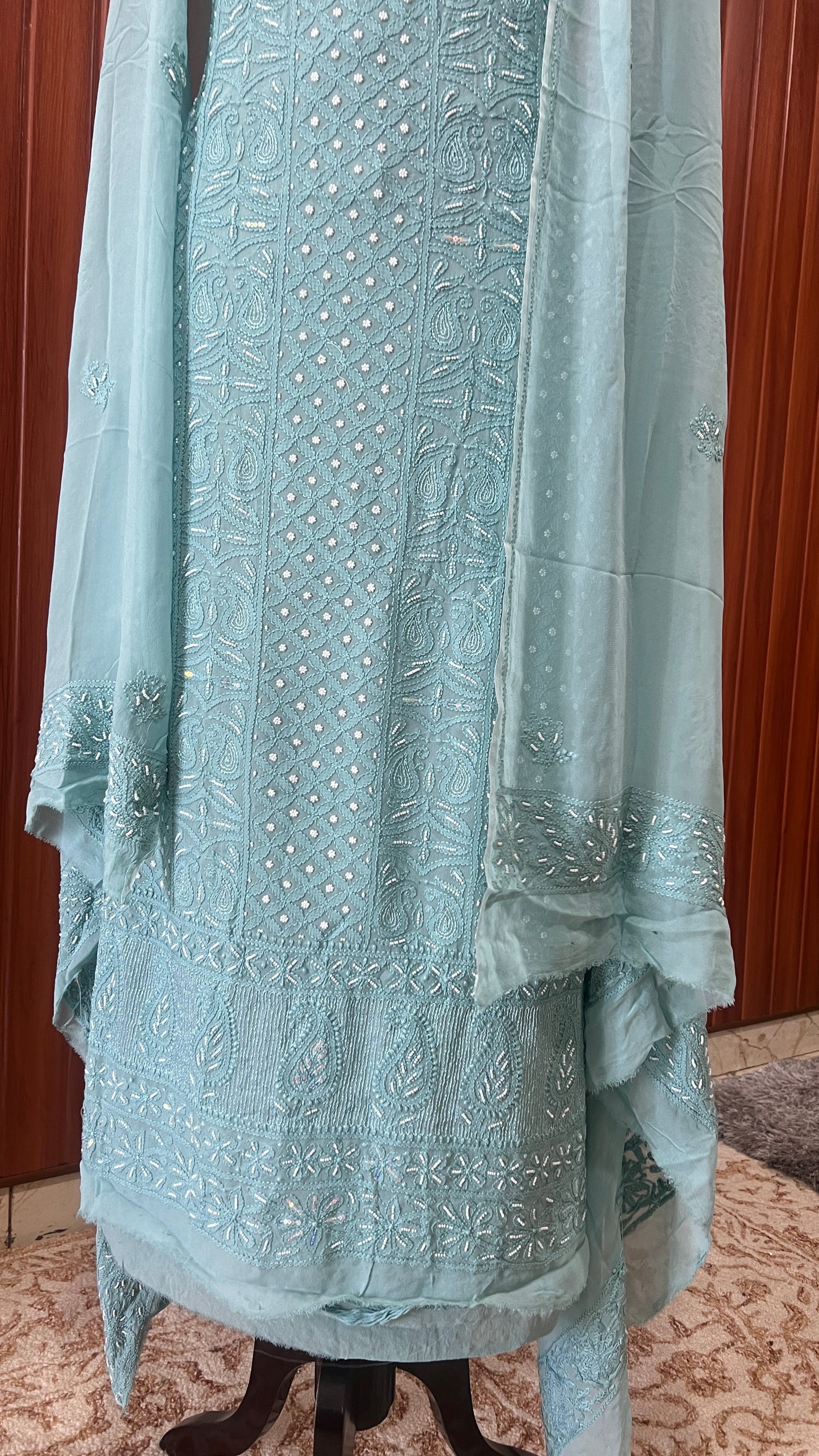 Ocean blue Chikankari Pearl work Full Suit