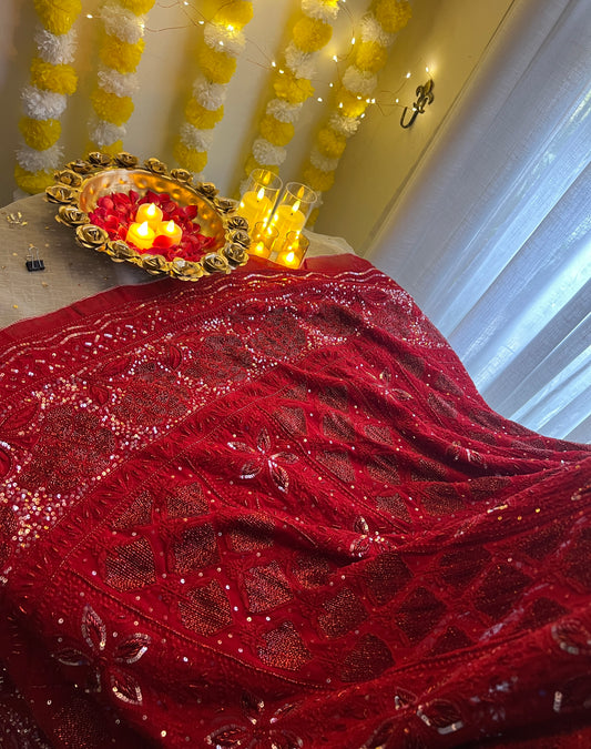 Reddish Maroon Chikankari Sequins and Cut Dana Anarkali