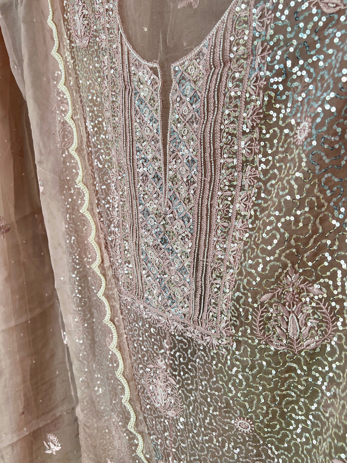 Taupe pink Pure Organza chikankari & sequins work Kurta and Dupatta set