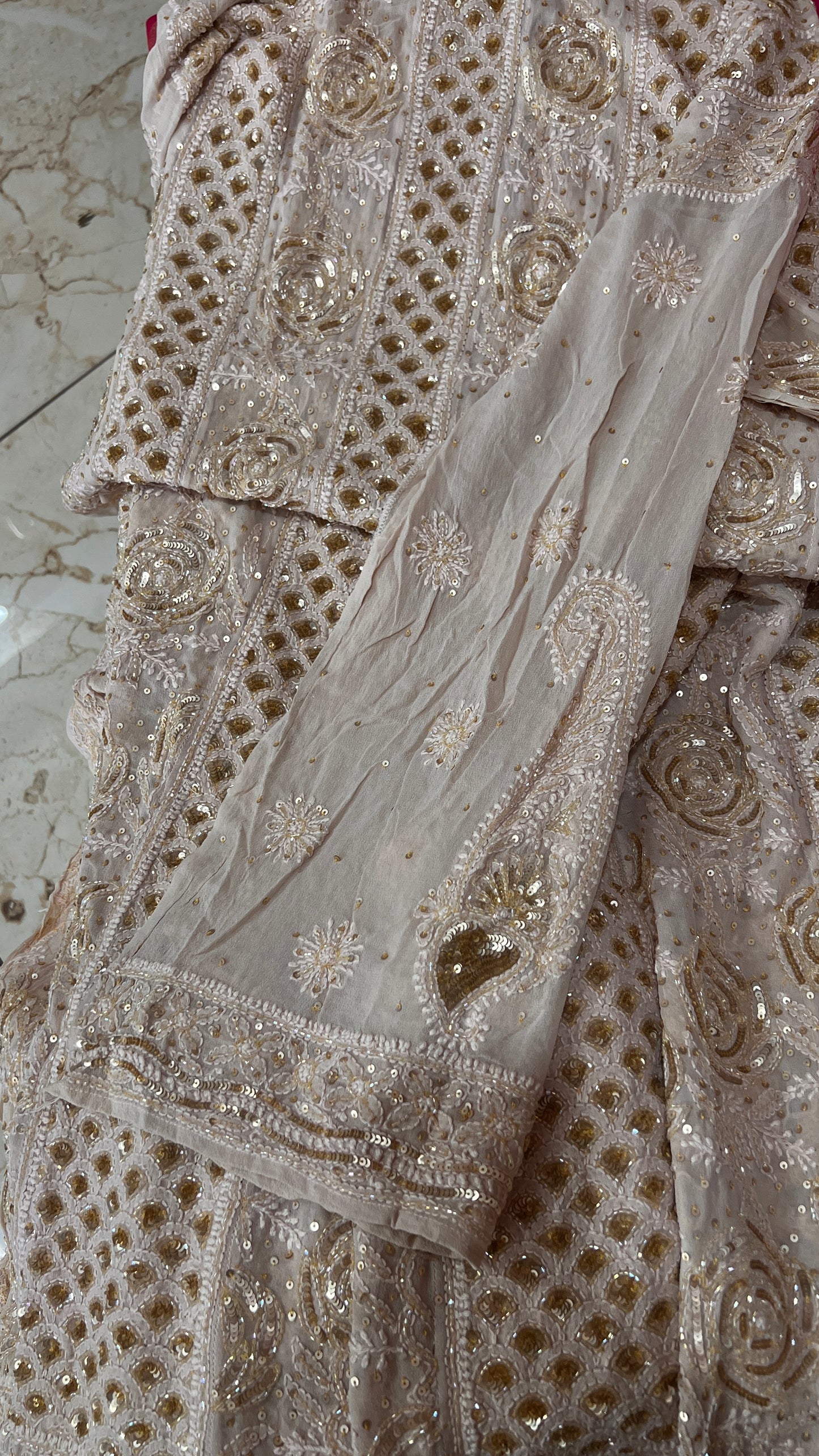 Ruhani Golden Beige Chikankari Sequins and Cut Dana Anarkali