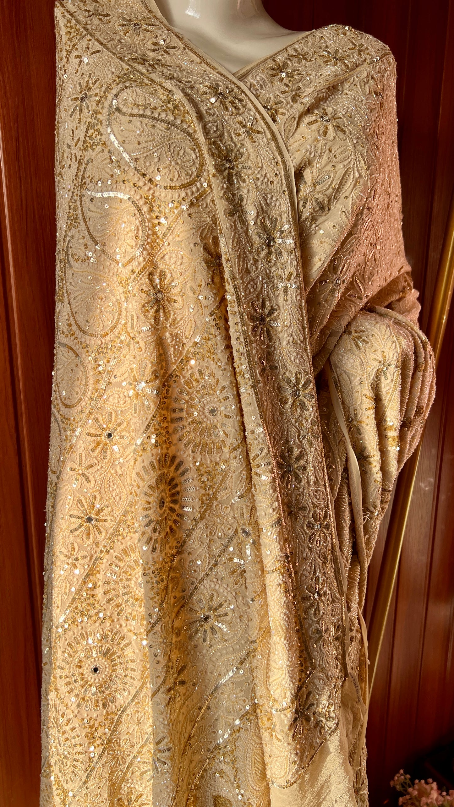 Ruhani Golden Beige Chikankari Sequins Cut Dana Embroidered Masterpiece Saree