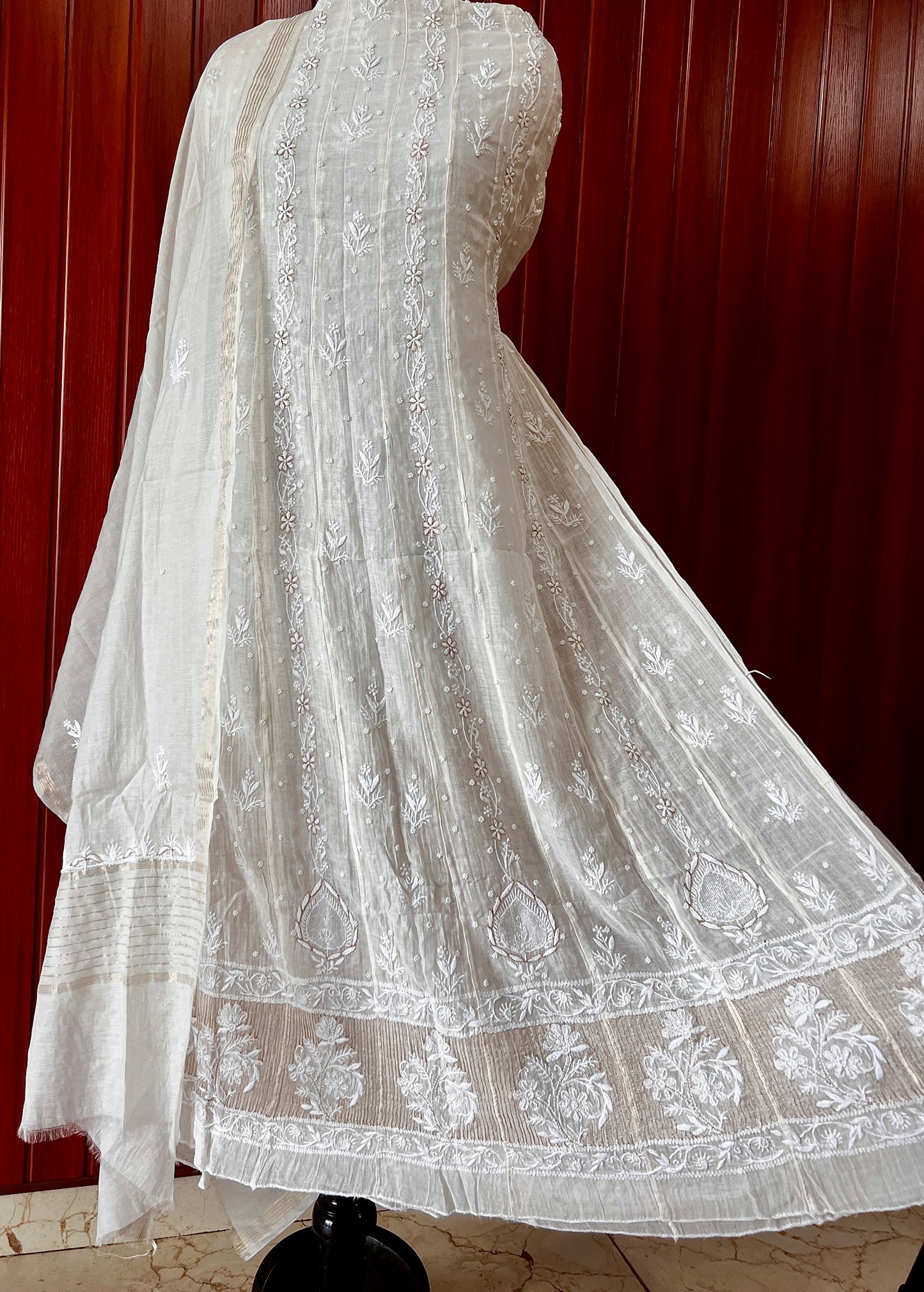 Mul Chanderi Anarkali with chikankari and pearl work