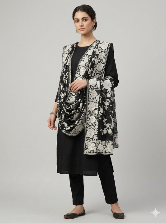 Black and Ivory Masterpiece Parsi Gara Hand Embroidered Dupatta