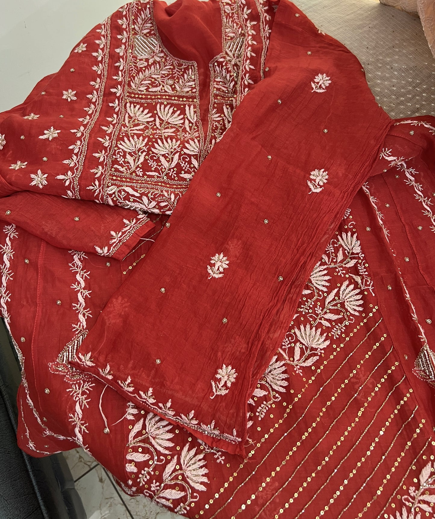 Rust Mul Chanderi Anarkali with chikankari and cut Dana sequins