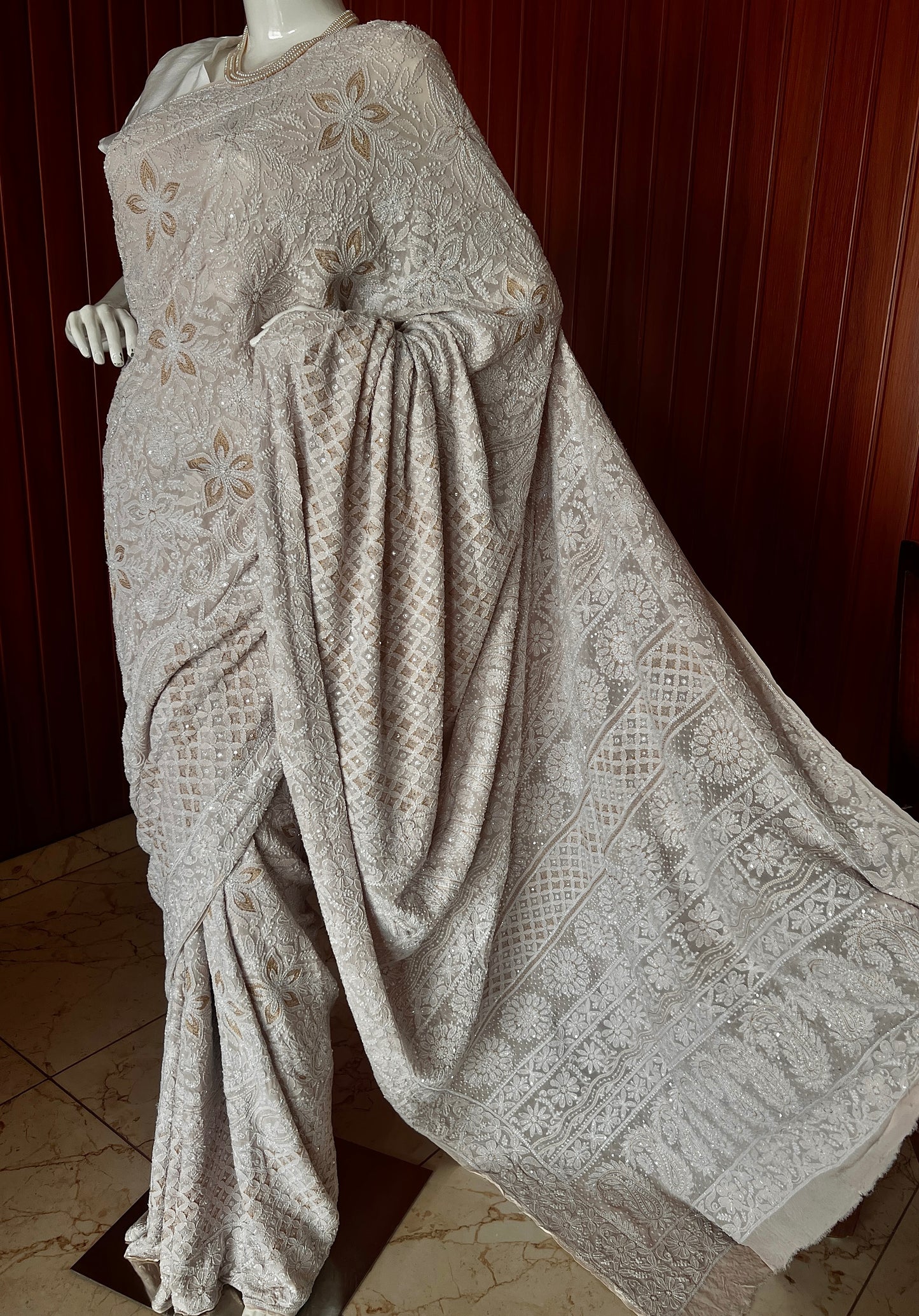 Ruhani Nude Champagne Chikankari and Cut Dana Saree