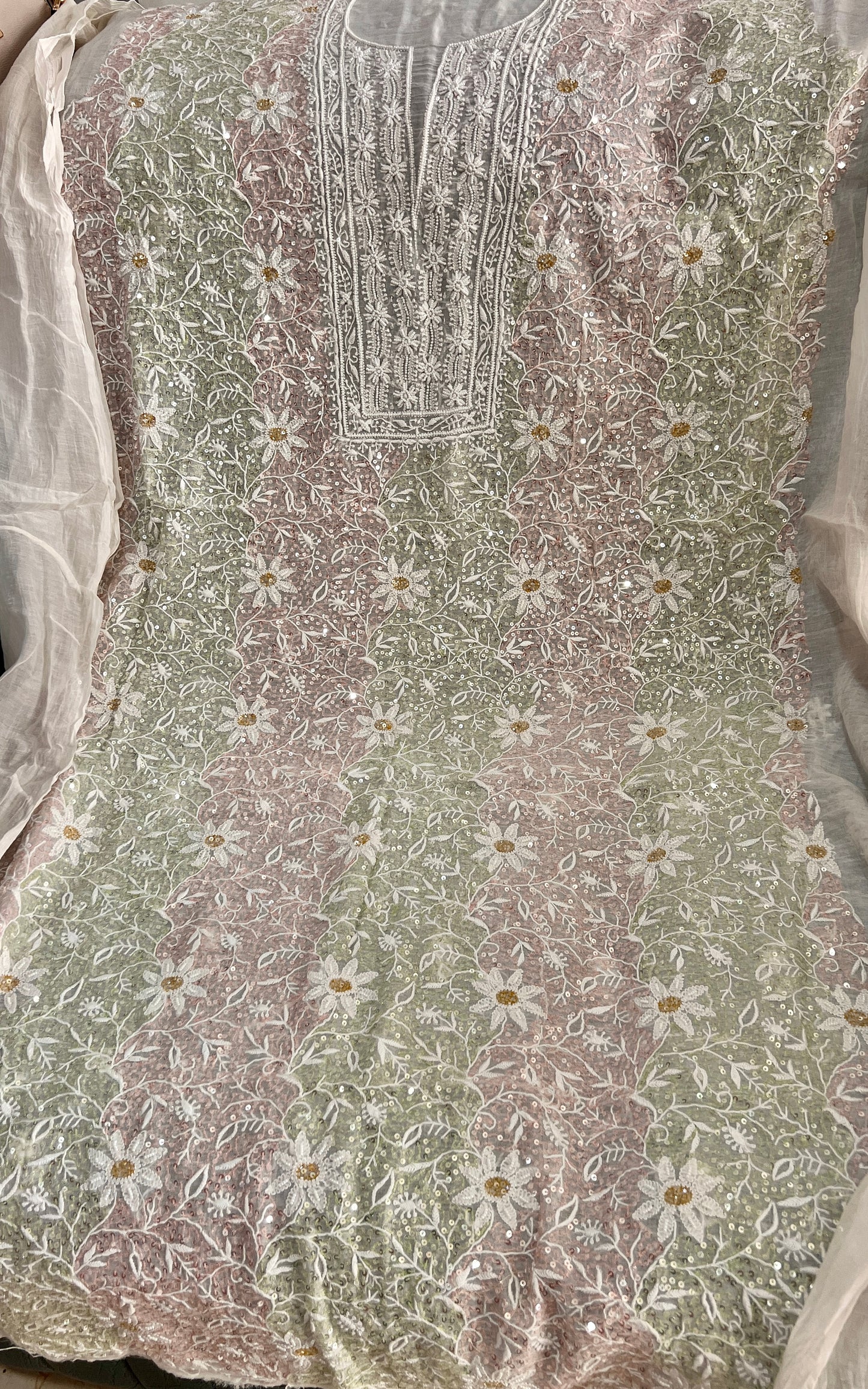 Multicolored chikankari and sequins Mulmul Kurta with Dupatta