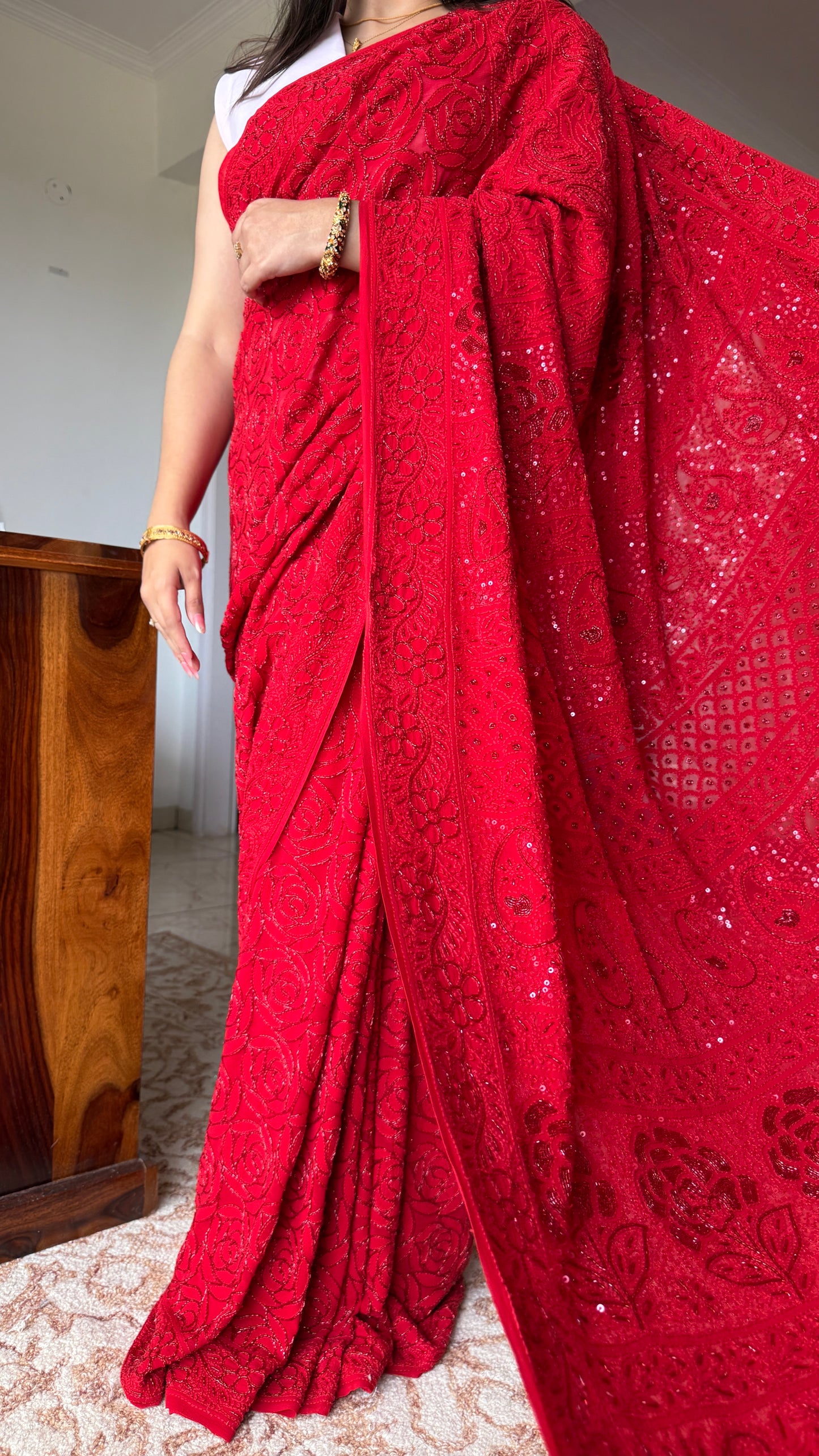 Surkh Laal Masterpiece Chikankari Cut Dana Sequins Saree