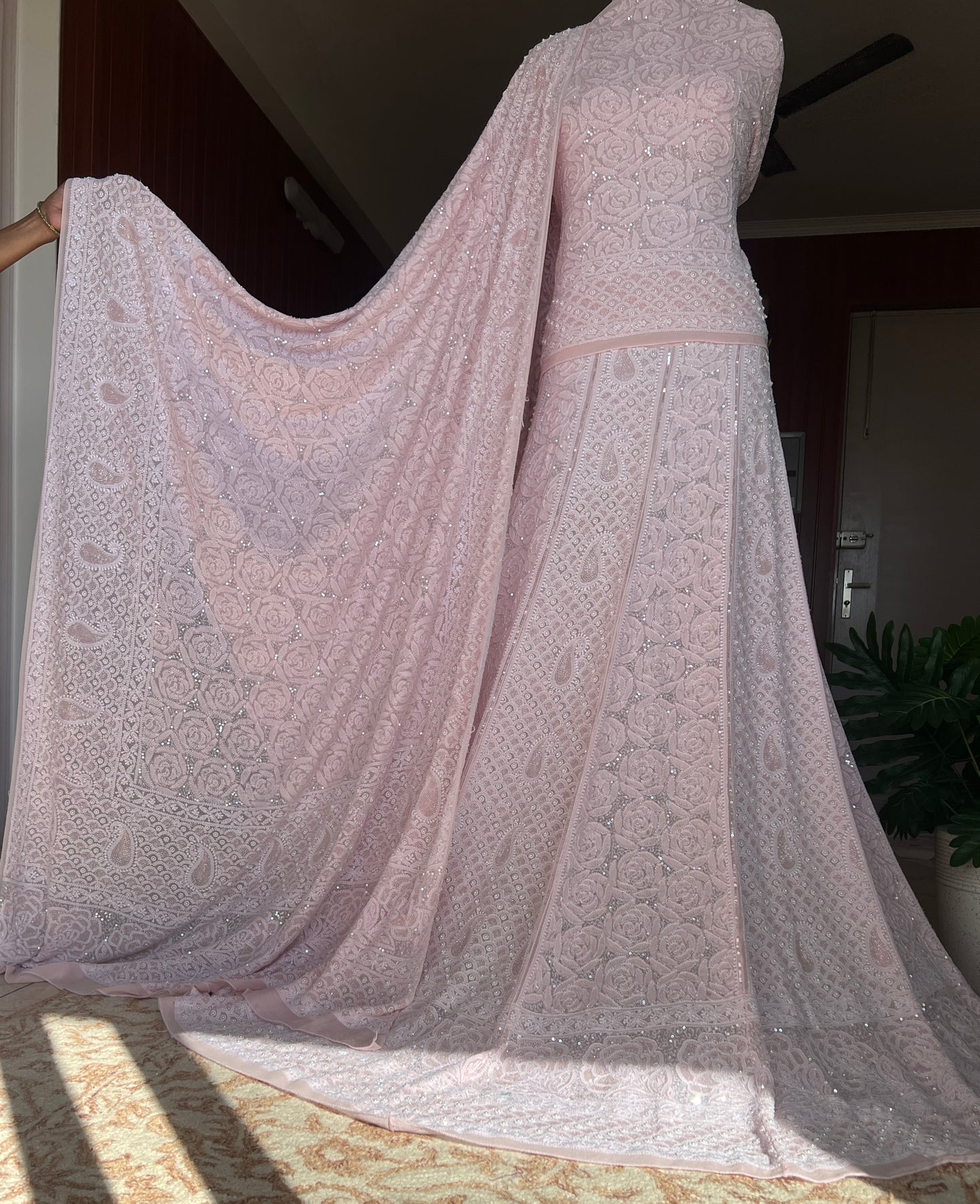 Ruhani Powder Pink Chikankari Pearl Cut Dana Sequins Wedding Lehenga