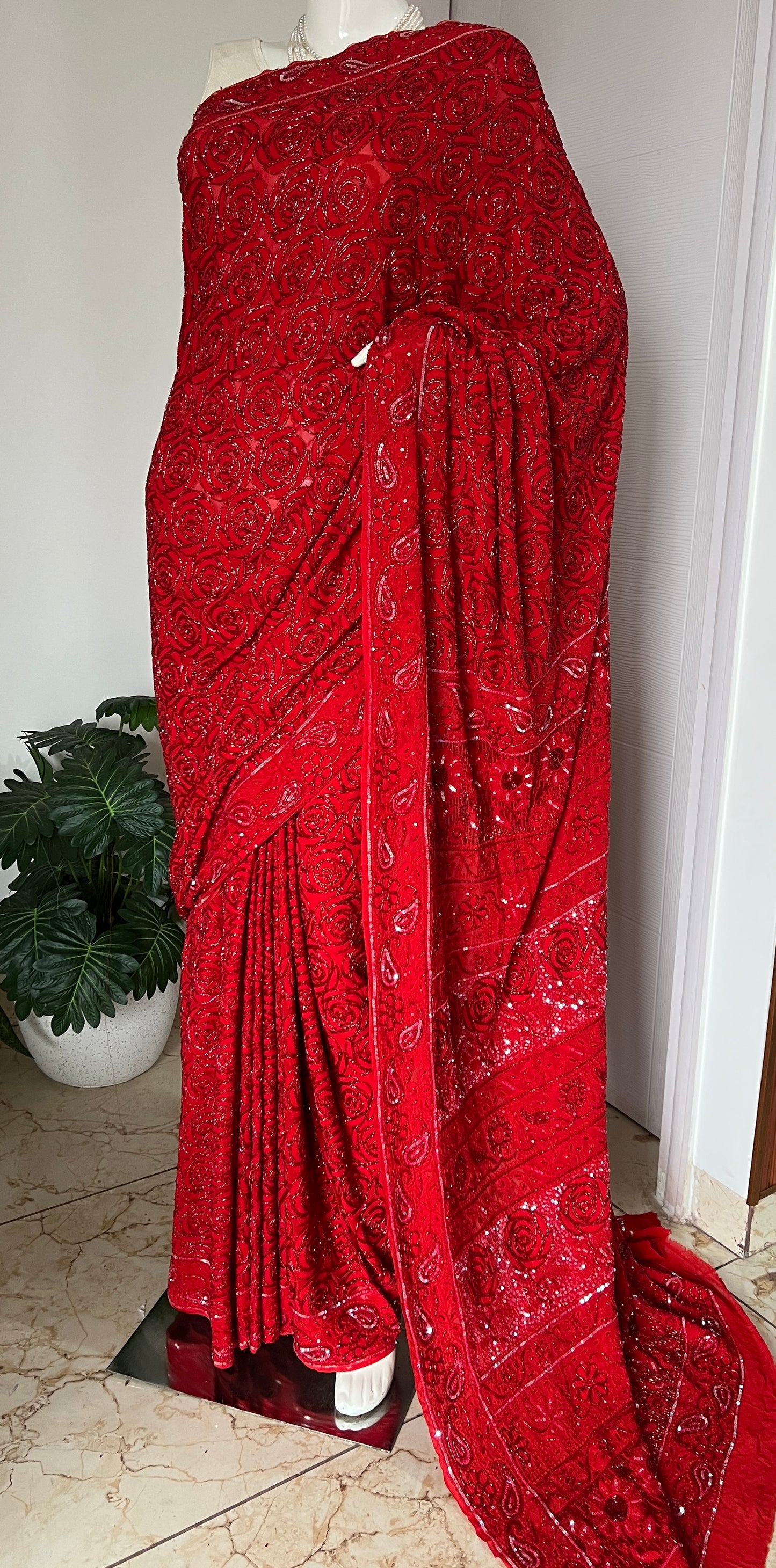 Red Gulaab Masterpiece Chikankari Cut Dana Sequins Saree