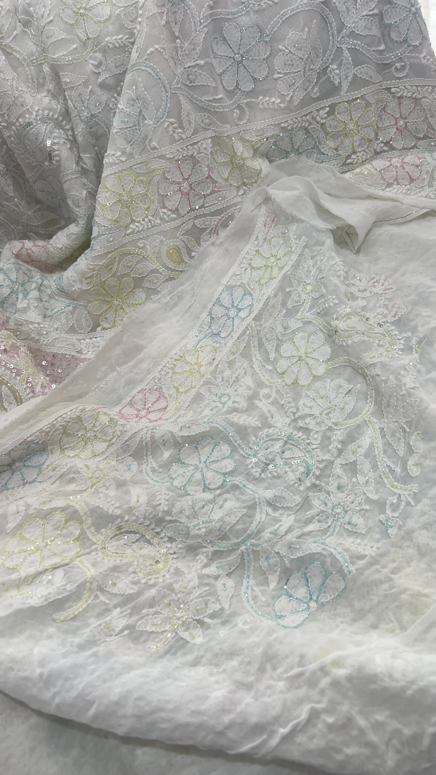 Ruhani White Chikankari and Multicolored Cut Dana Sequins Saree