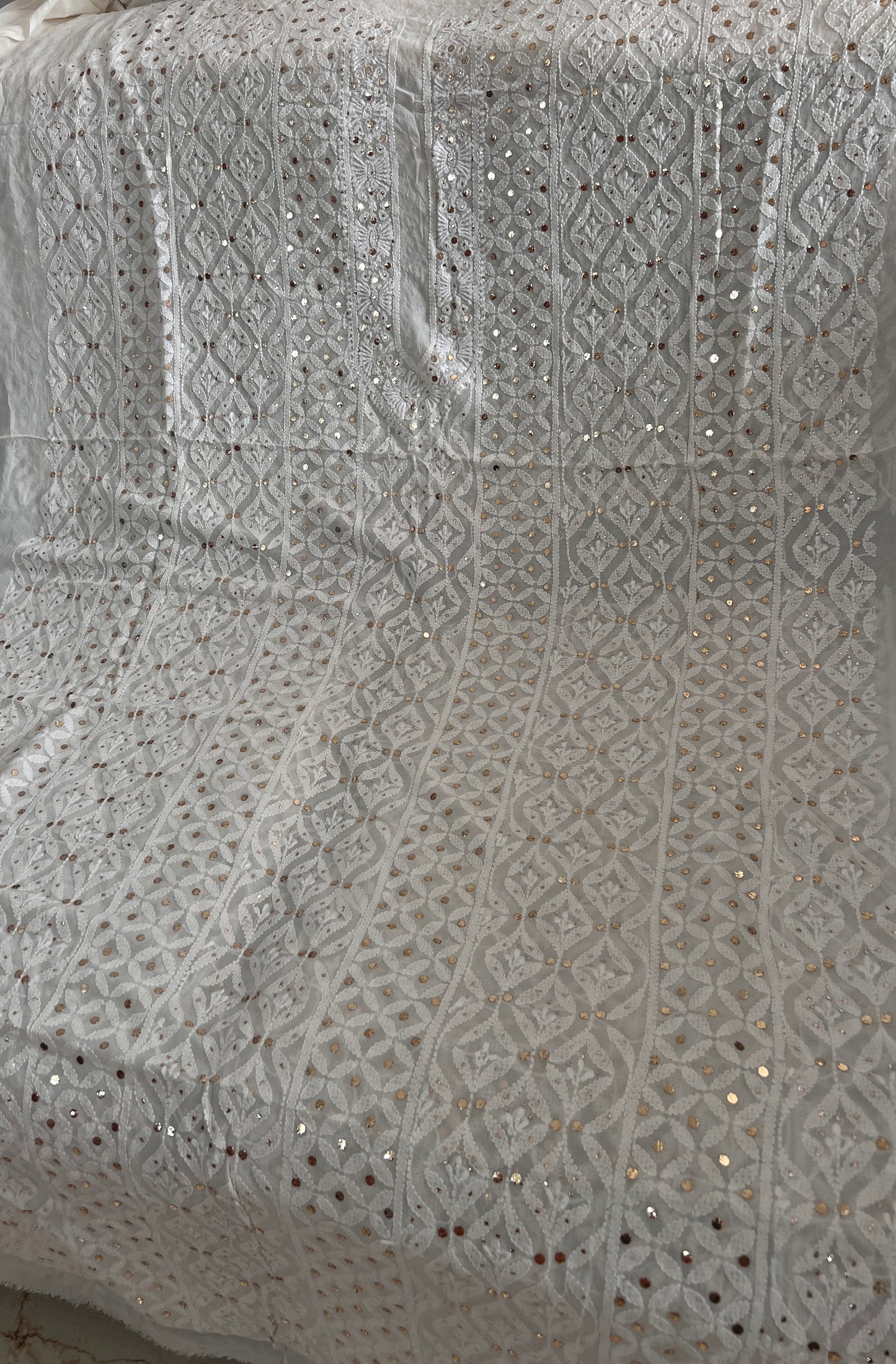 Ivory Pure Georgette Allover Chikankari and Mukaish Men's Kurta Fabric
