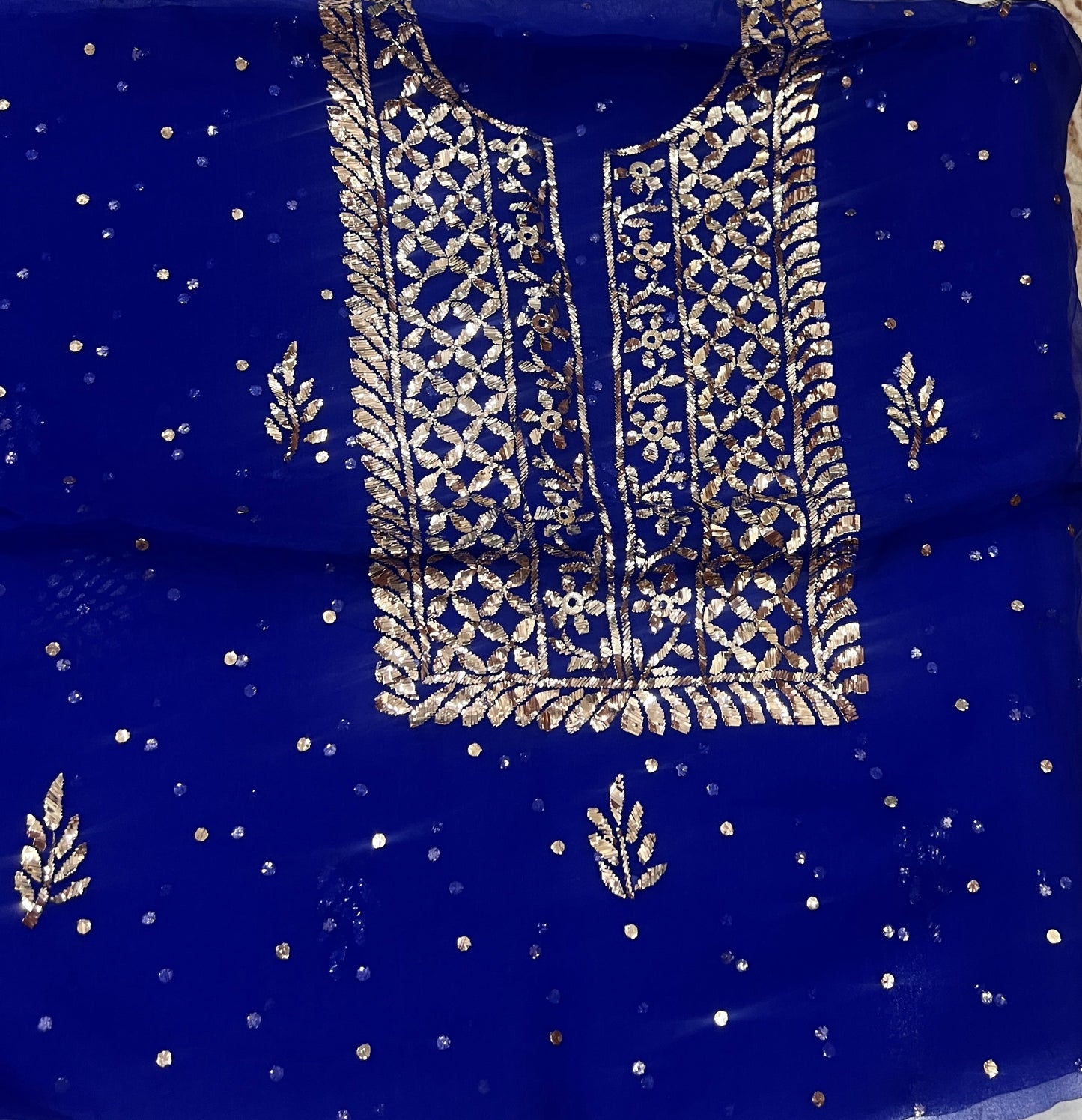 Azure Blue Badla and Mukaish work pure Organza kurta with dupatta