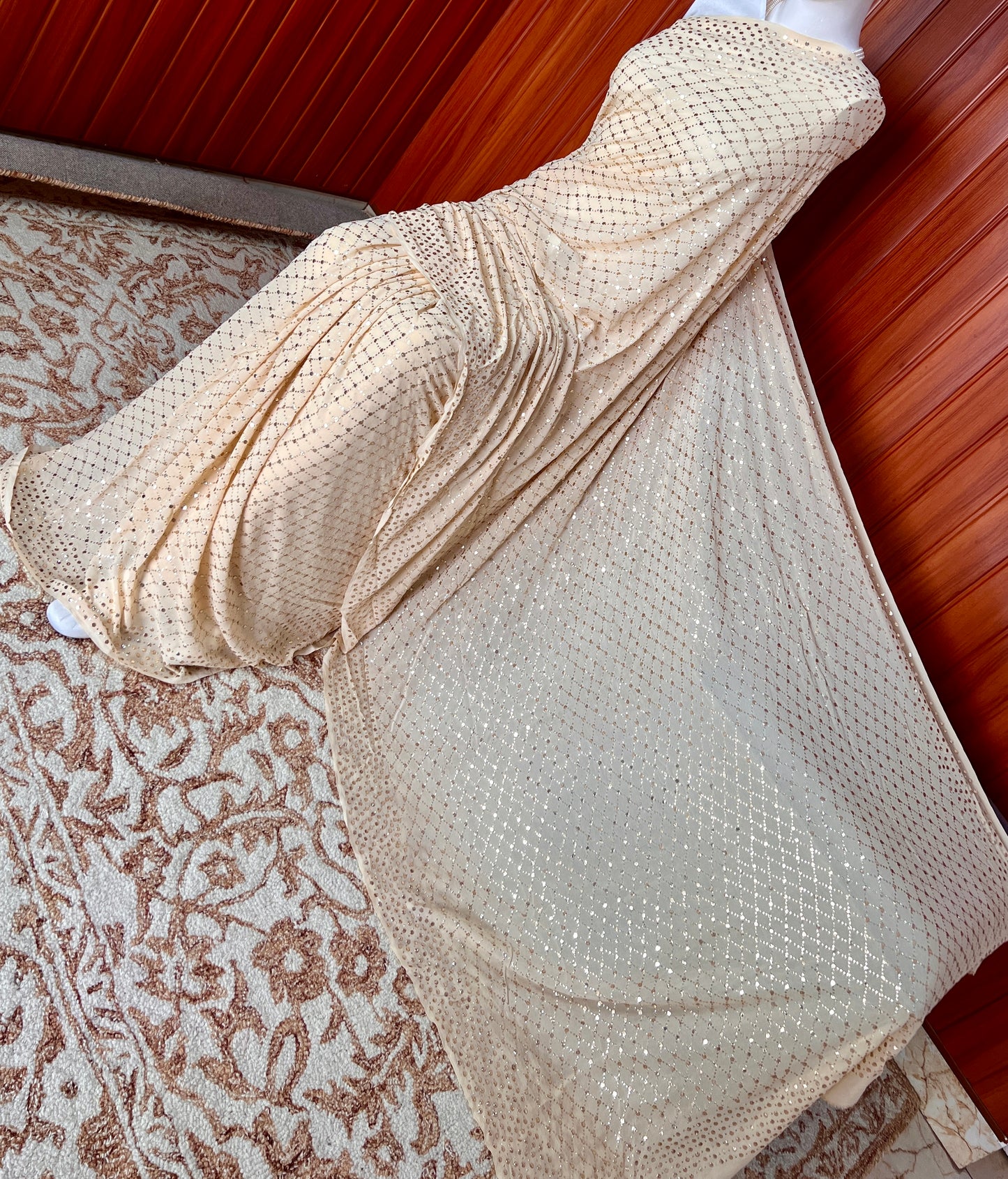 Ruhani Champagne designer mukaish work saree