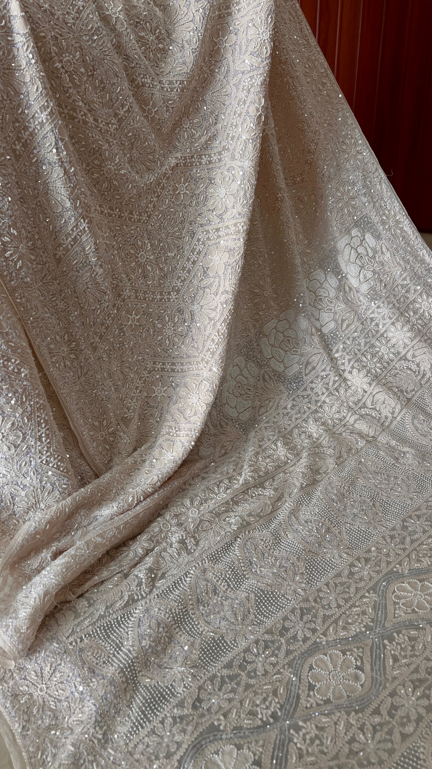 Ruhani Champagne Chikankari Cut Dana and Sequins Saree