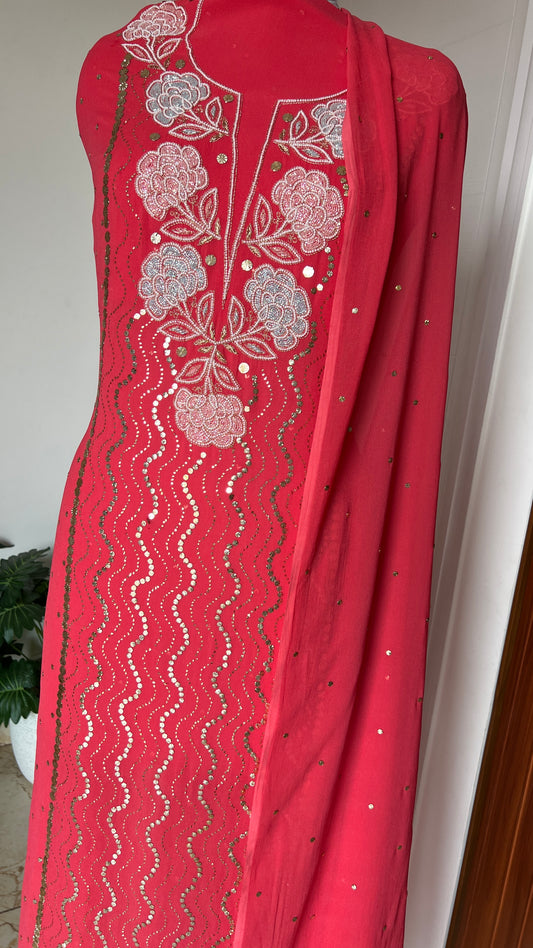 Raspberry red mukaish and cut Dana work Kurta and Dupatta