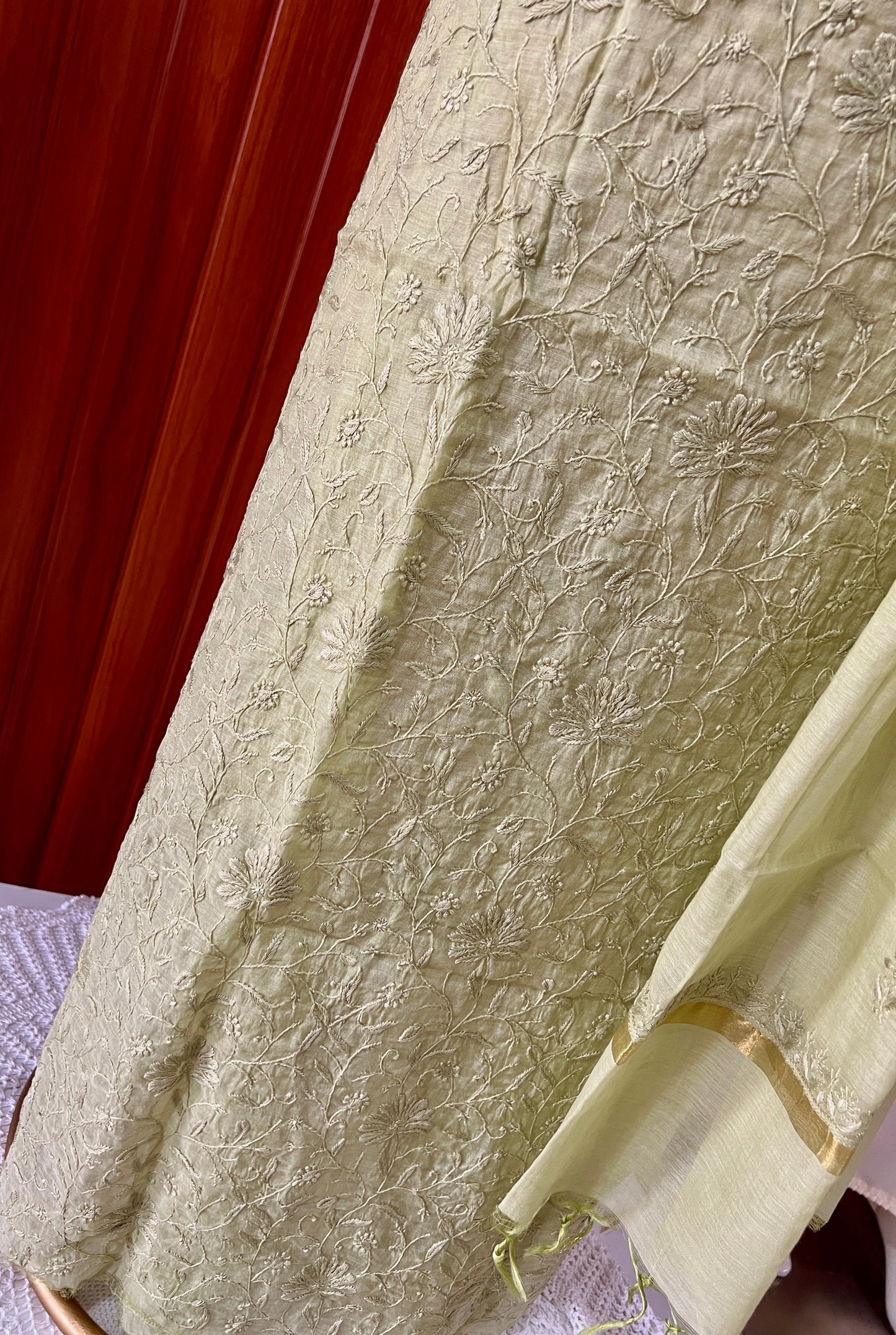 Mehndi Green Mul chanderi Chikankari embroidered kurta and dupatta